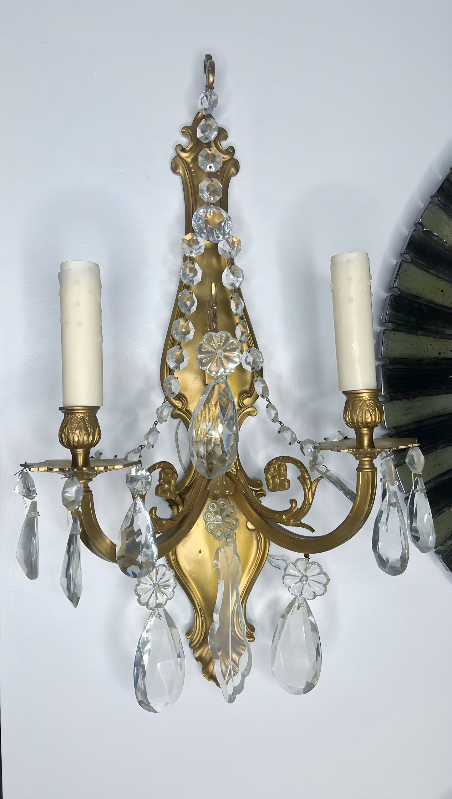 Gorgeous Pair of Large Antique French Crystal and Bronze Wired Wall Sconces