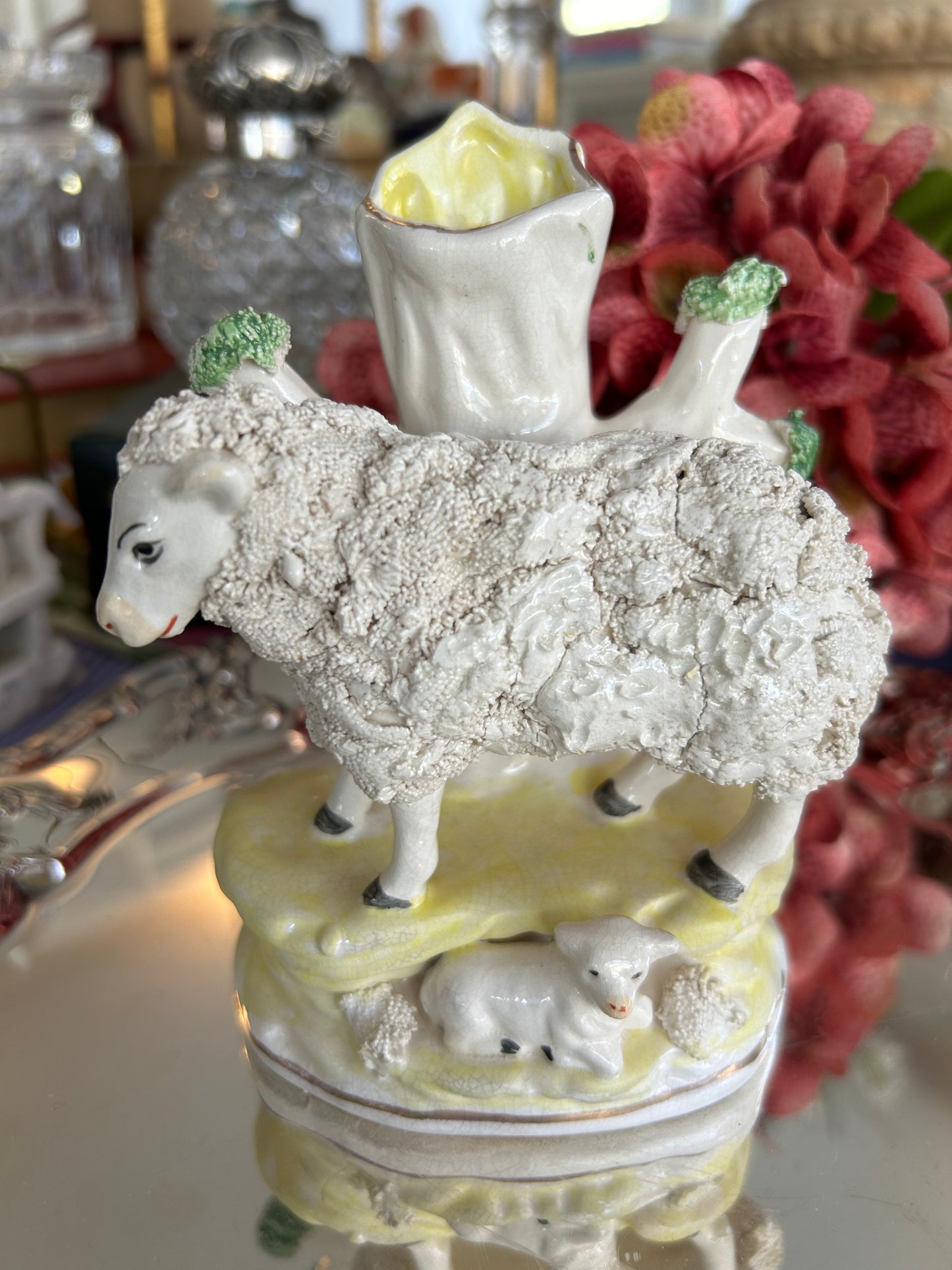 Staffordshire Sheep with Baby Sheep Spill Vase