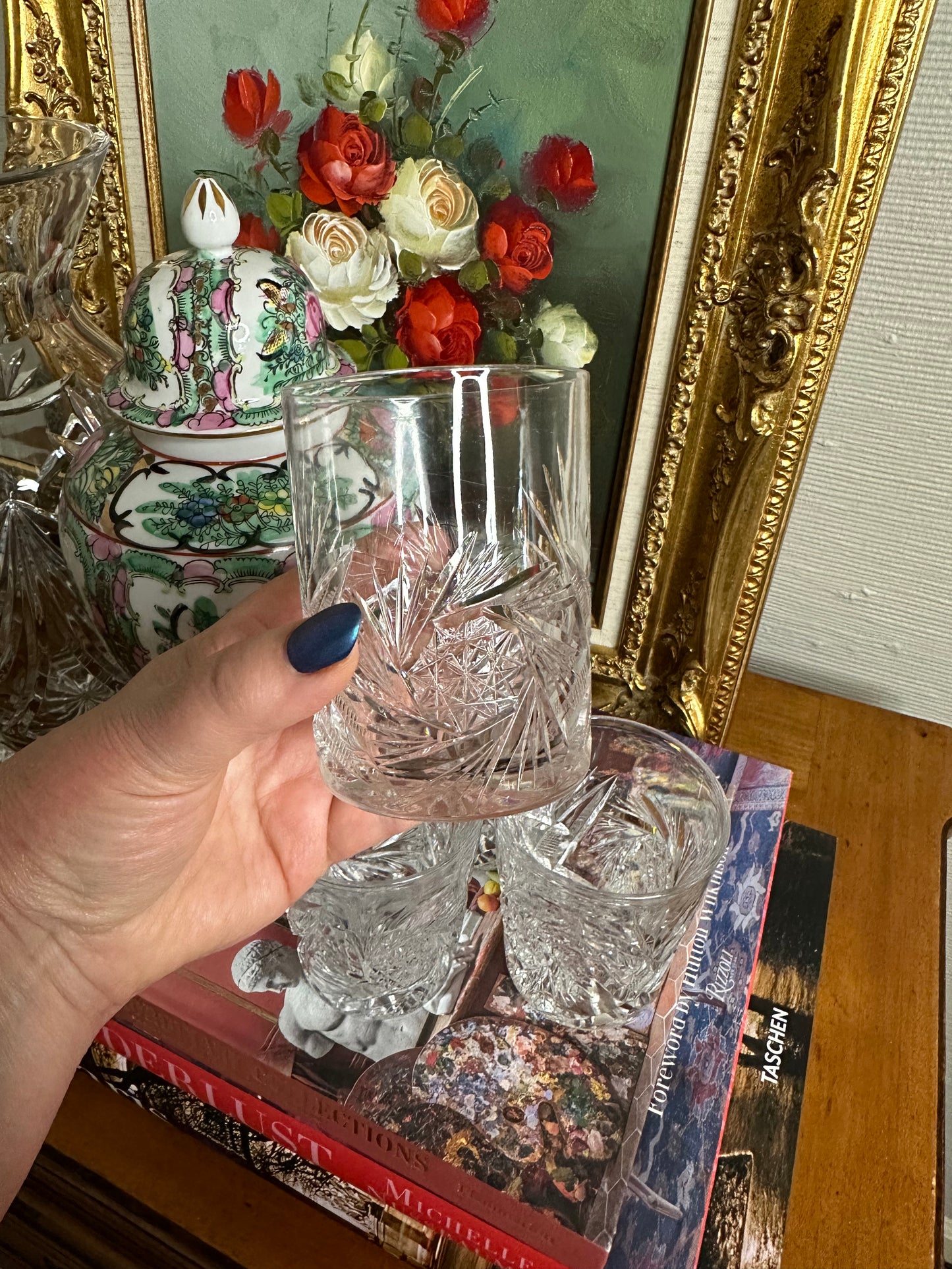 PRISTINE! Very Heavy Crystal Champagne/Ice Bucket with matching set of 4 Whiskey Tumblers (American Brilliant?)