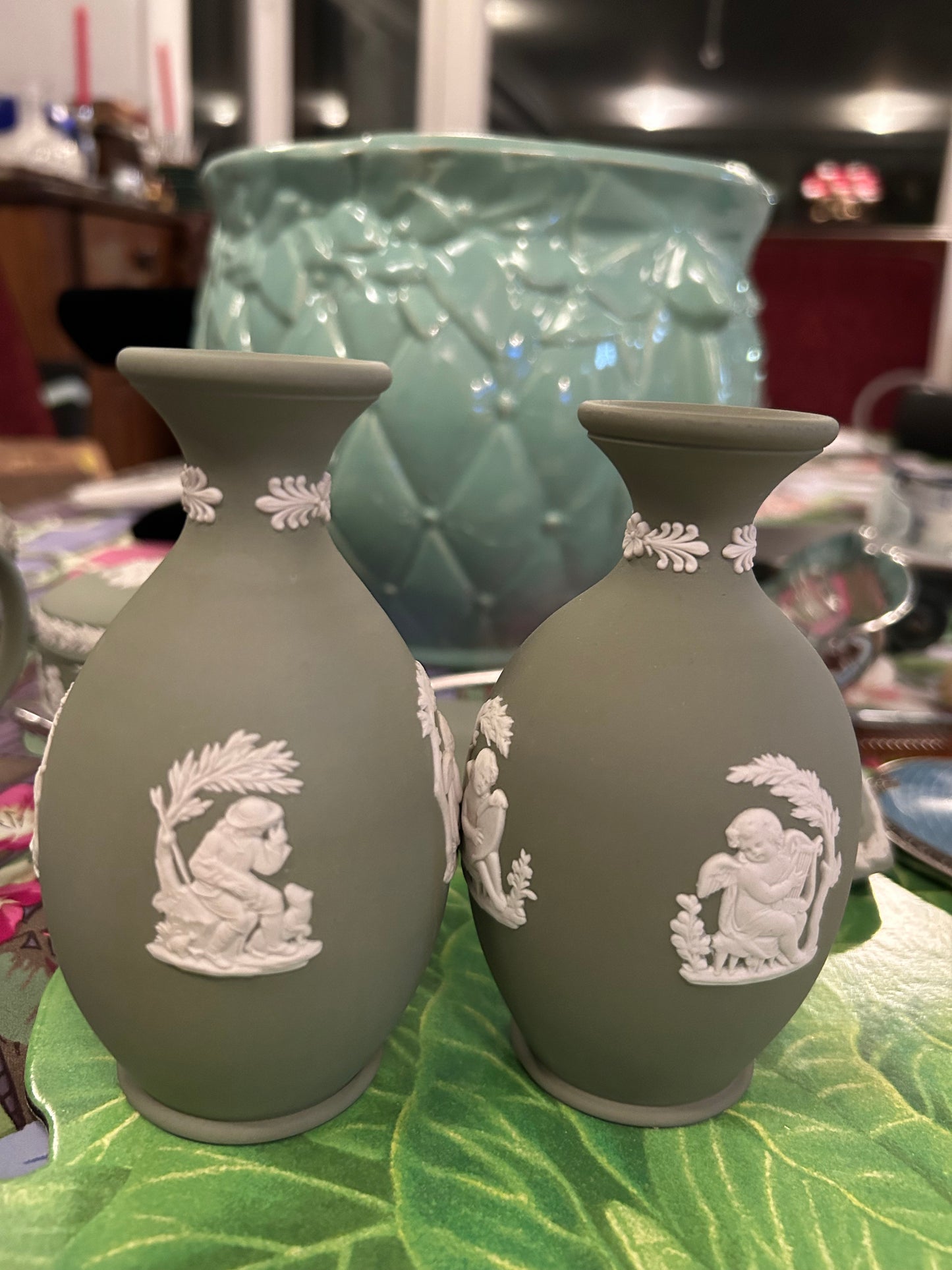 #6 pair of Green Wedgwood Vases 5” tall Sold Separately