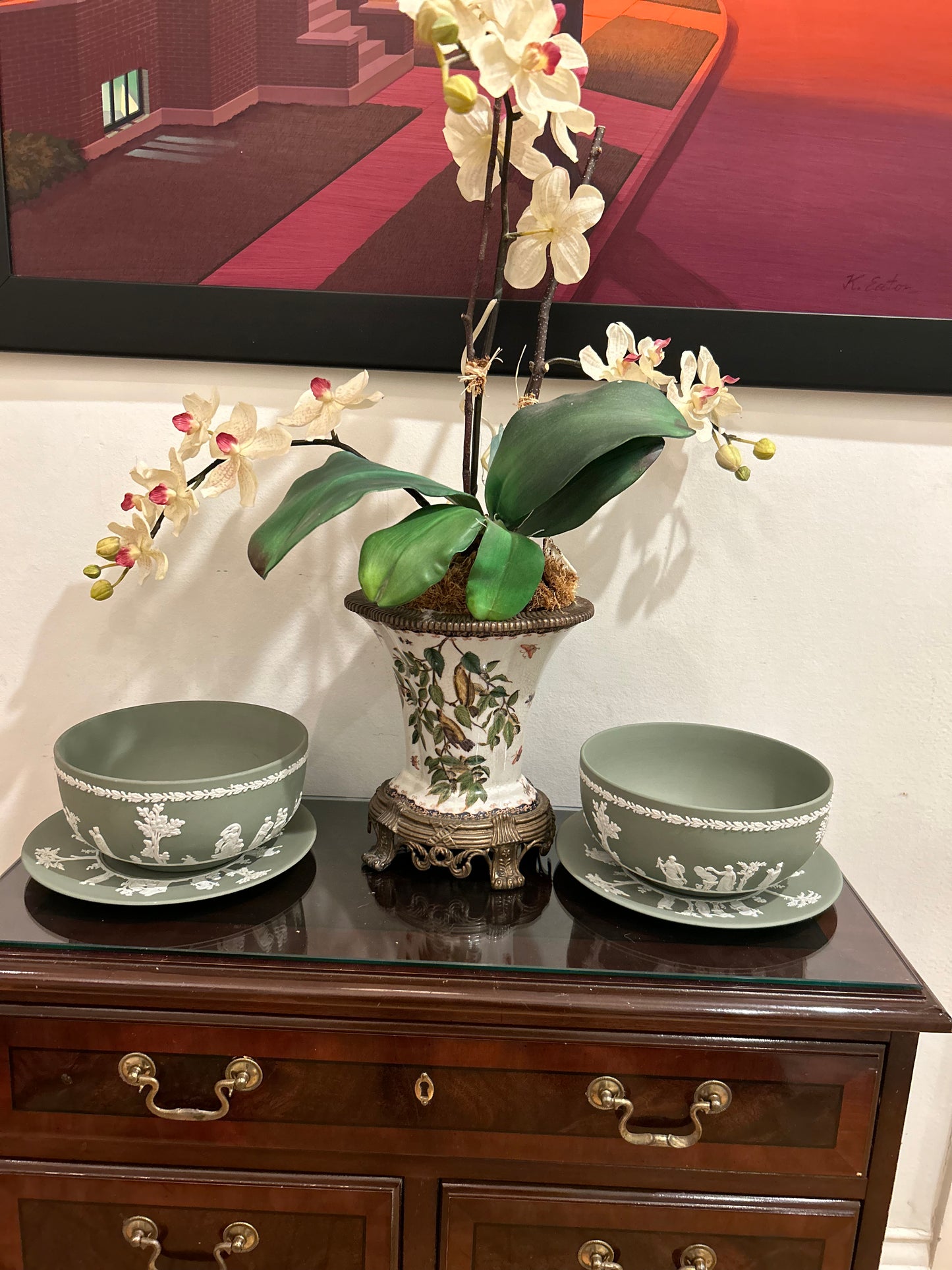 Vintage Wedgewood Sage Green Jasperware Large Bowls with Undertrays  Each Bowl and Tray are Priced as a Two piece set!