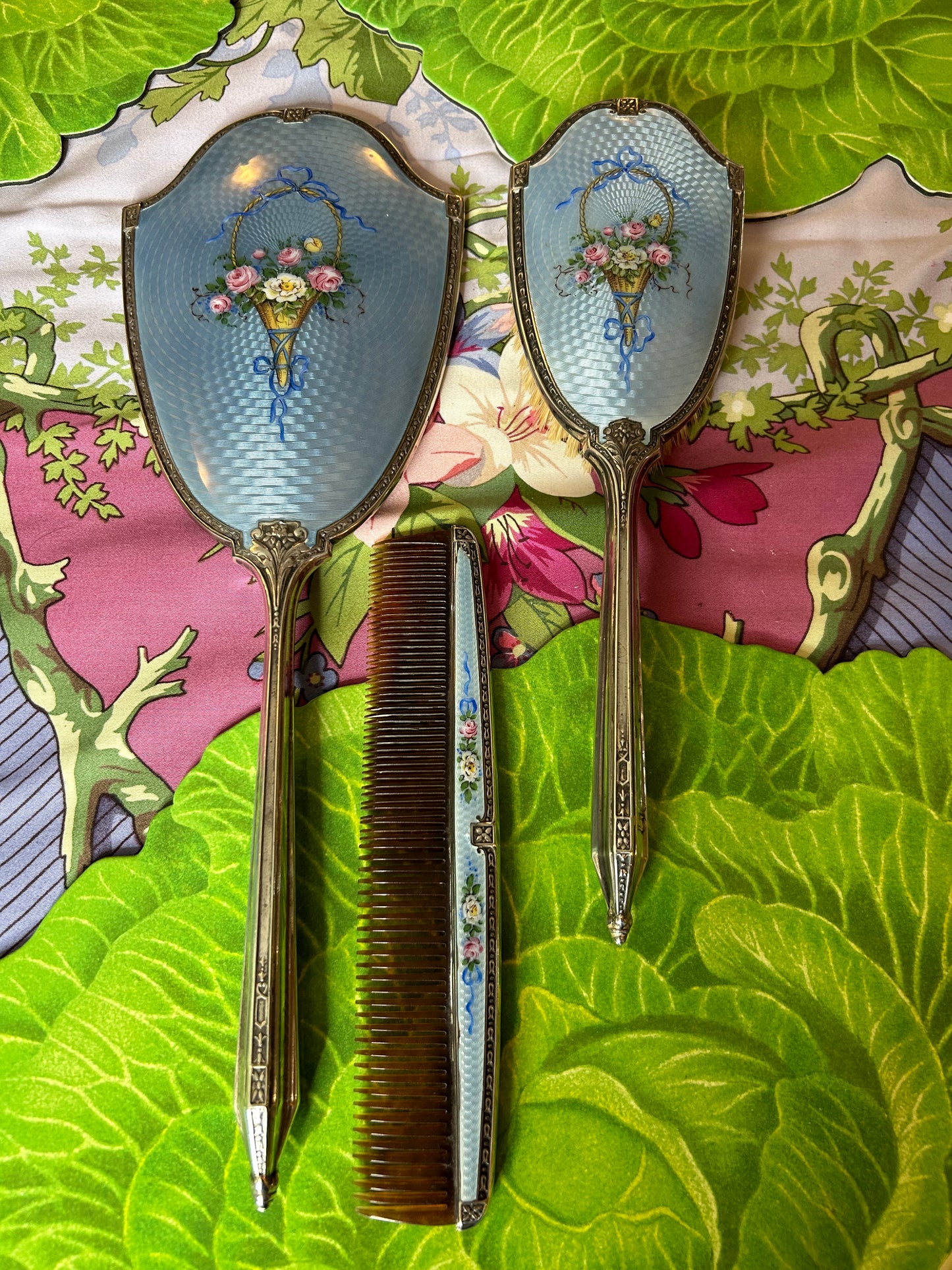 Magnificent Antique Guilloche Blue Enamel Three Piece Dresser Set with Mirror, Brush and Comb