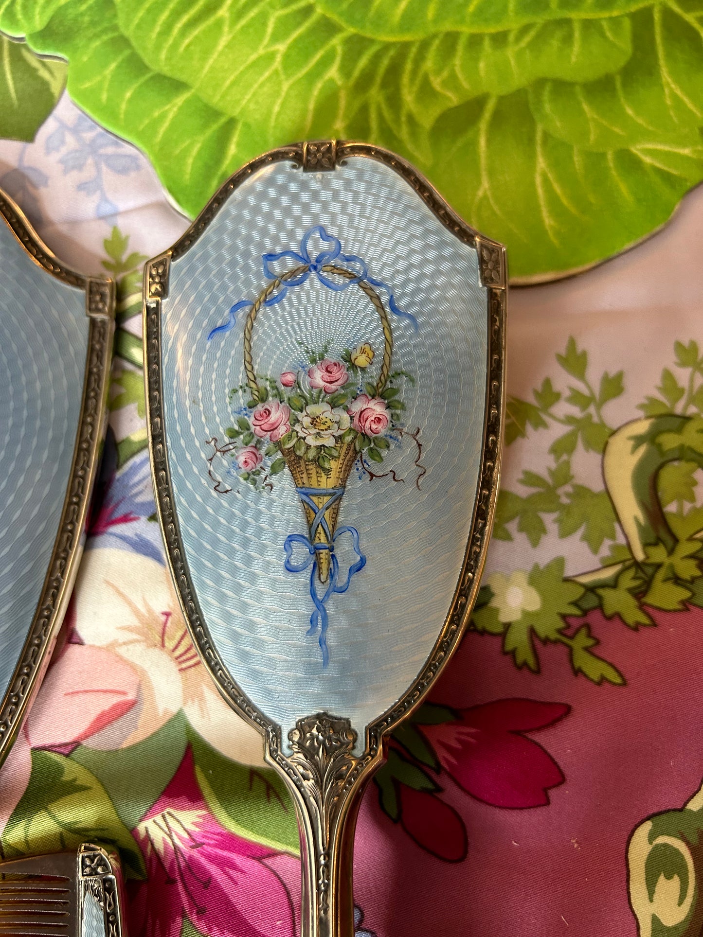 Magnificent Antique Guilloche Blue Enamel Three Piece Dresser Set with Mirror, Brush and Comb