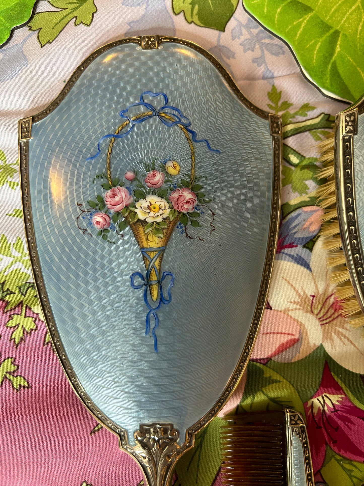 Magnificent Antique Guilloche Blue Enamel Three Piece Dresser Set with Mirror, Brush and Comb