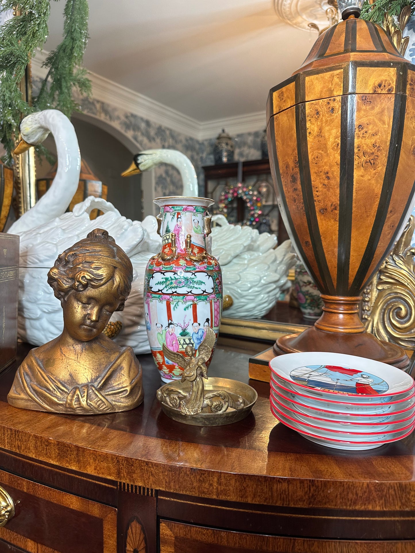 For Maria-Christmas Salt & Peppers/Italy Swag/Pink Cherub Shoe/Bust/RM vase/Set French app plates/Brass Angel