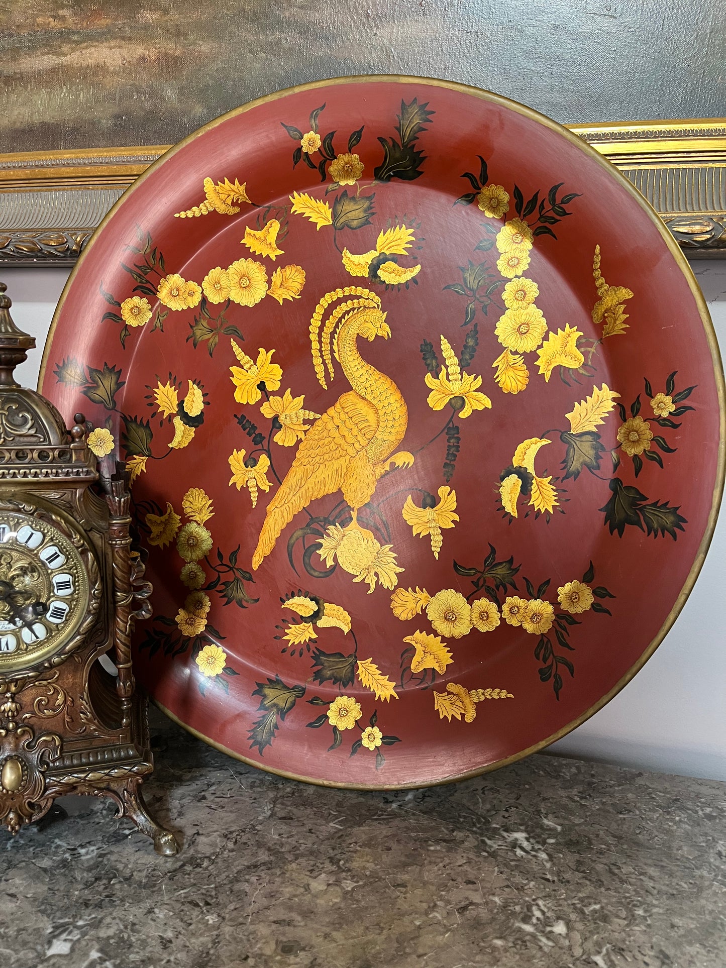 Exquisitely Hand Painted Large Gilded Vintage Phoenix Round Tole Tray