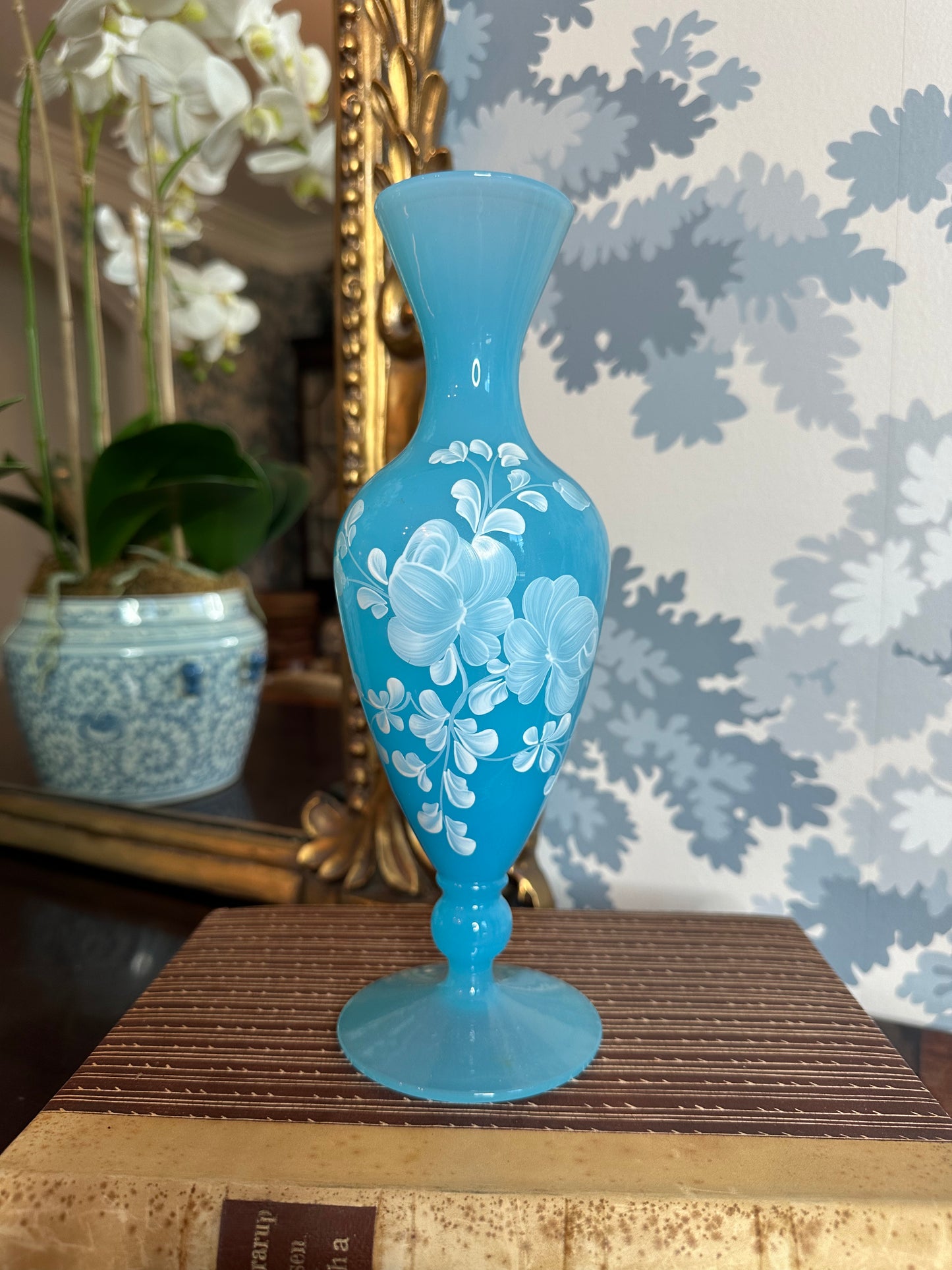 Beautiful Vintage Aqua Blue Glass Vase Handpainted Flowers