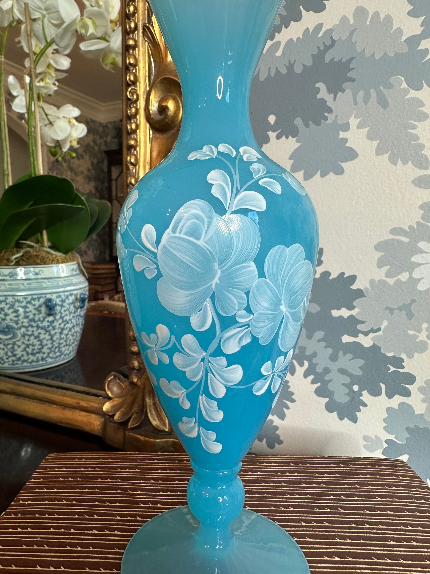 Beautiful Vintage Aqua Blue Glass Vase Handpainted Flowers