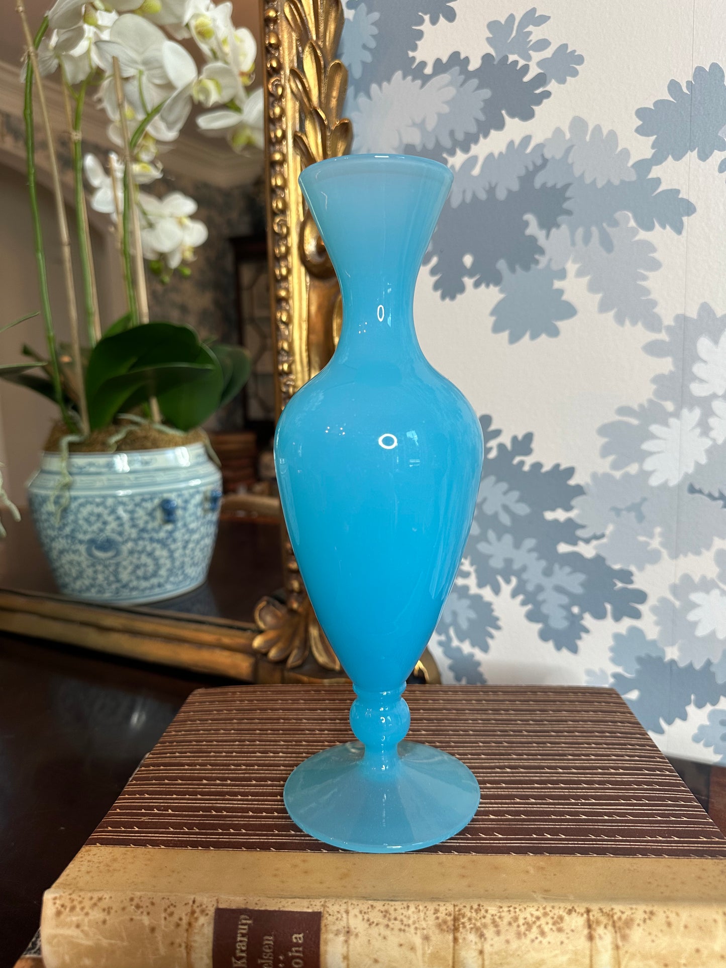 Beautiful Vintage Aqua Blue Glass Vase Handpainted Flowers