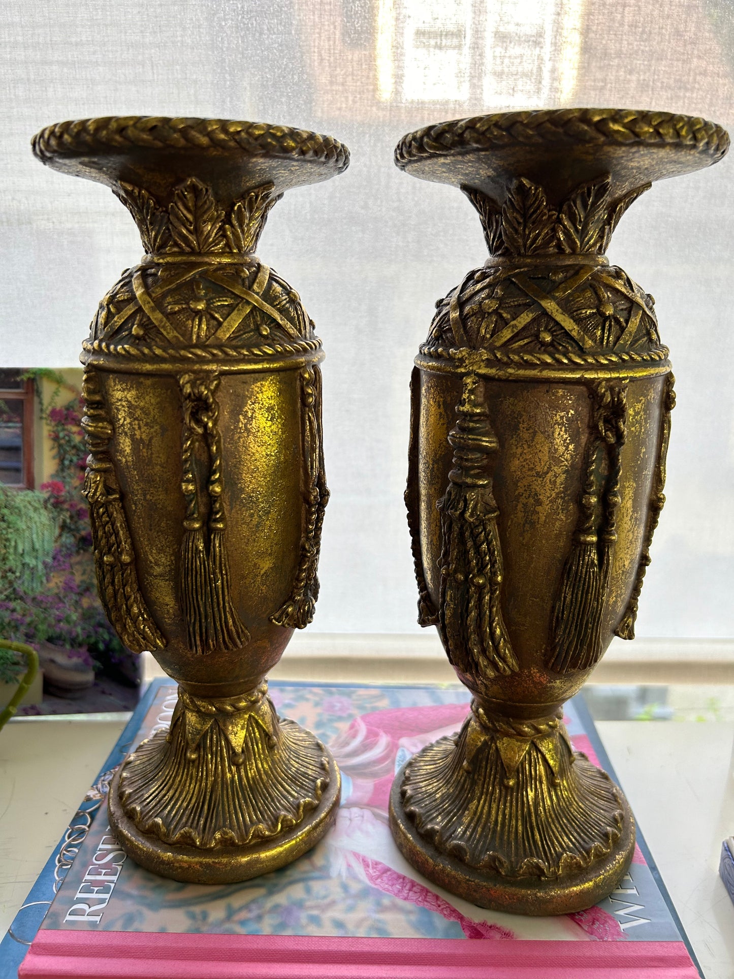 Pair of Gilded Tasseled Stands for Pillar Candles, 11” Tall!