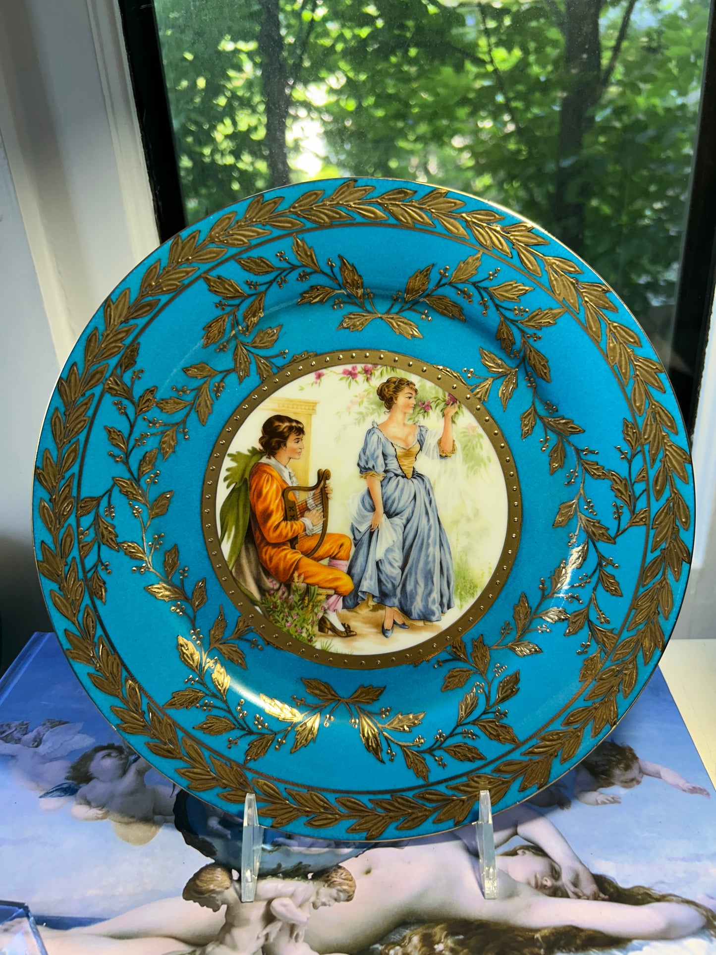 Stunning French Turquoise and Gold Background Plate with Courting Couple in the Garden, 10.5”D.