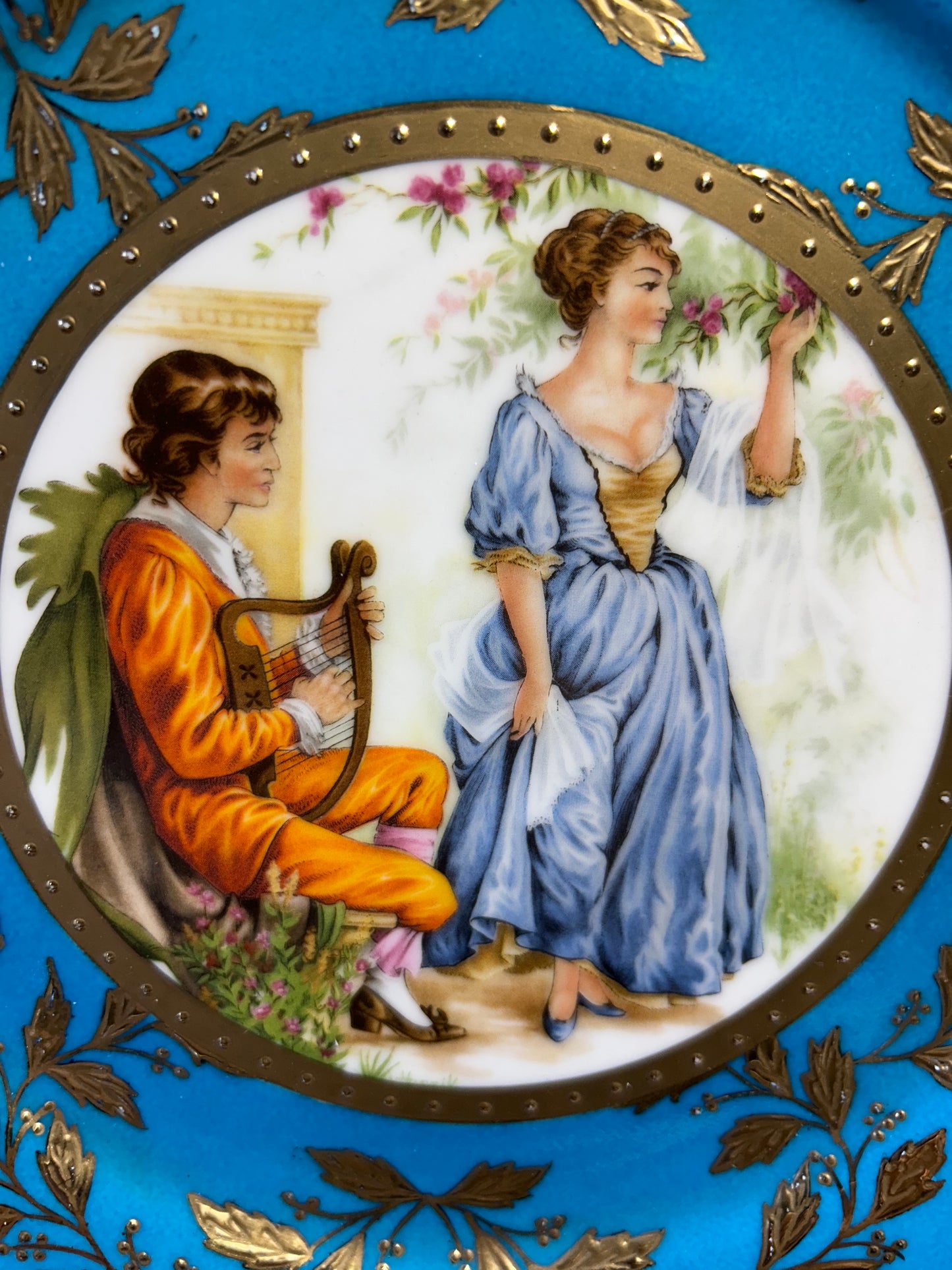 Stunning French Turquoise and Gold Background Plate with Courting Couple in the Garden, 10.5”D.