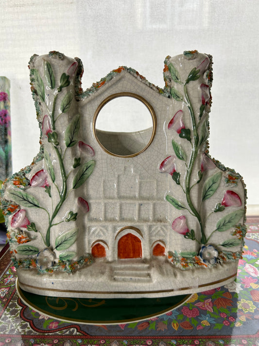 Antique White Staffordshire Castle with pink Morning glories and a space to display a Pocket Watch!