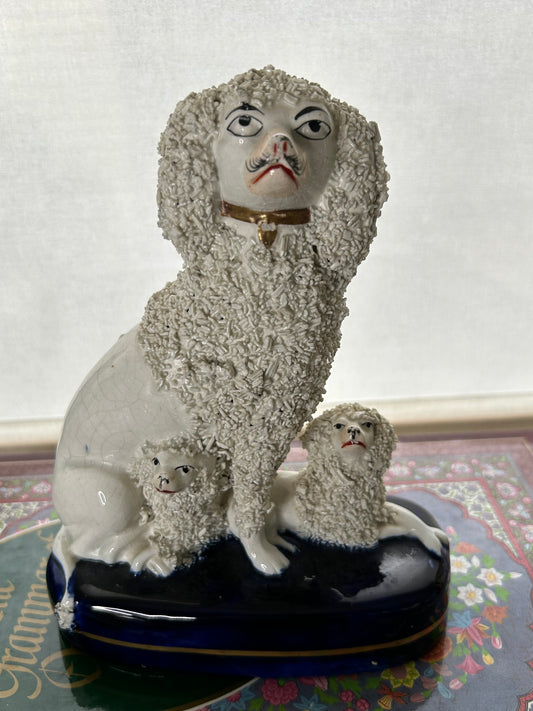 Large Staffordshire Poodle and two baby poodles on a cobalt Base! 8”