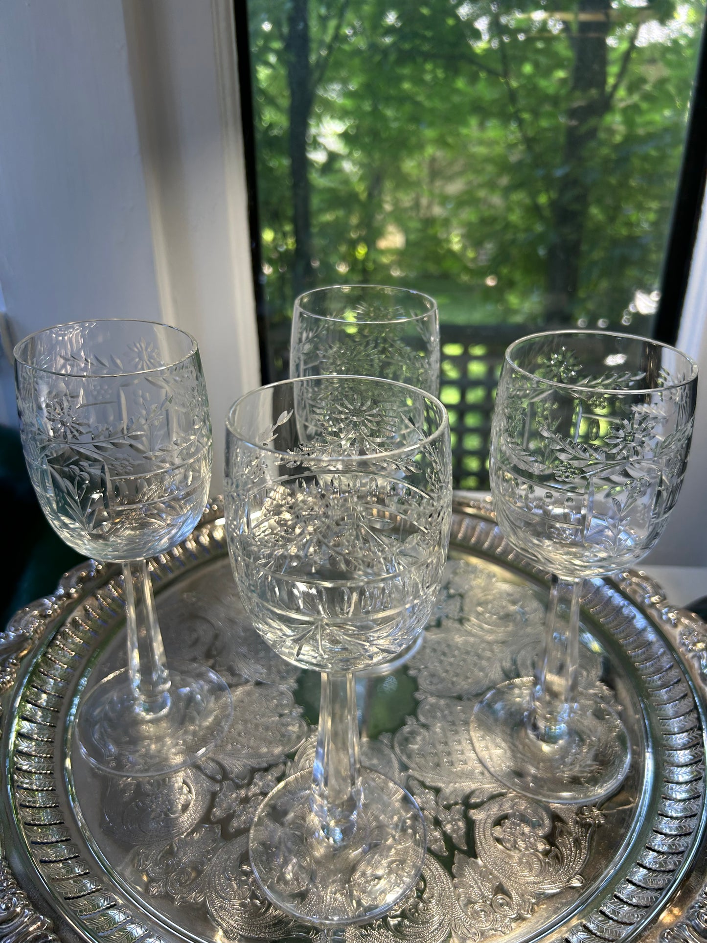 Set of Eight Gorgeous Engraved Crystal Glasses