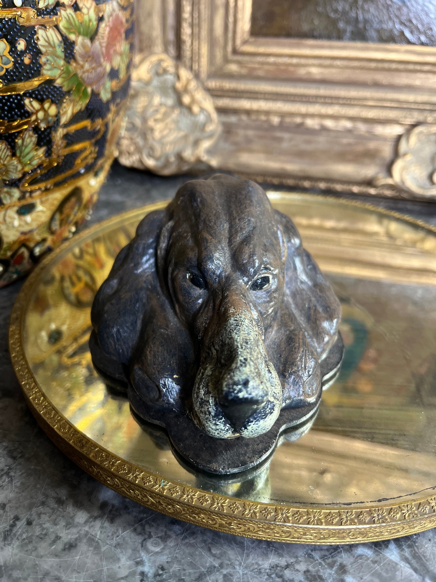 Coveted Rare 19th Century Austrian Bronze Cold Painted Hound Dog Letter Holder