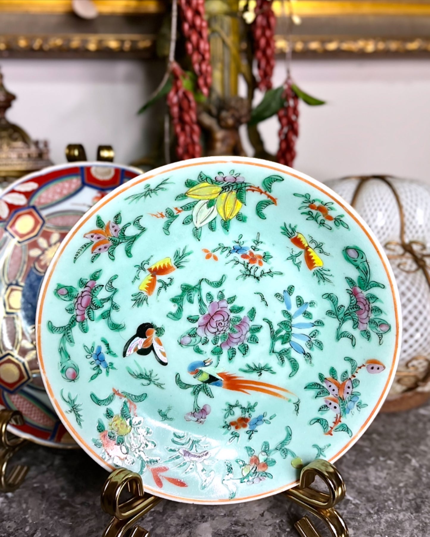 Stunning Antique Celadon Famille Rose Hand Painted Plate