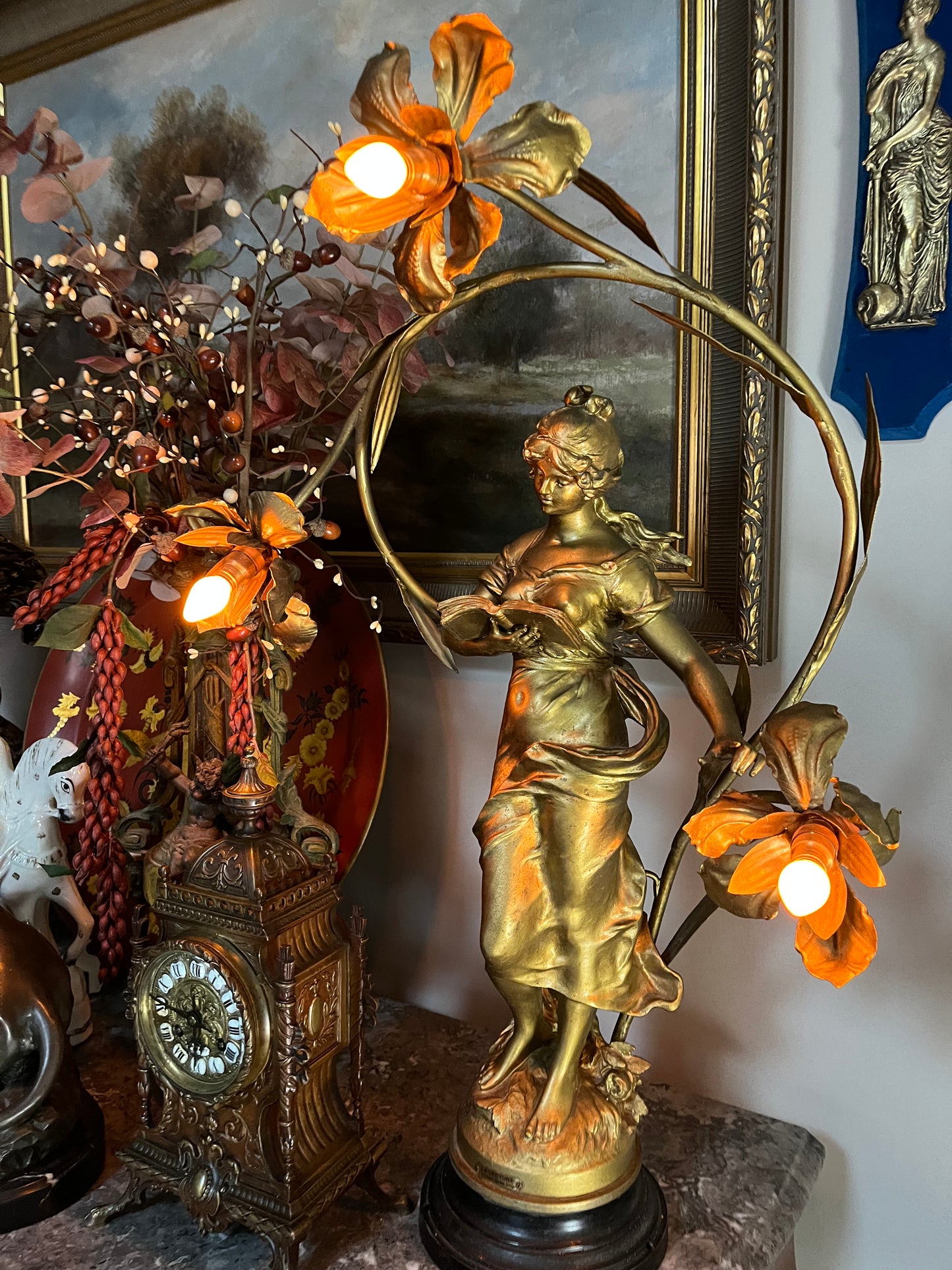 Fabulous Antique French Figural Newel Post Lamp - Figural After “Le Lecture” by Françoise Moreau