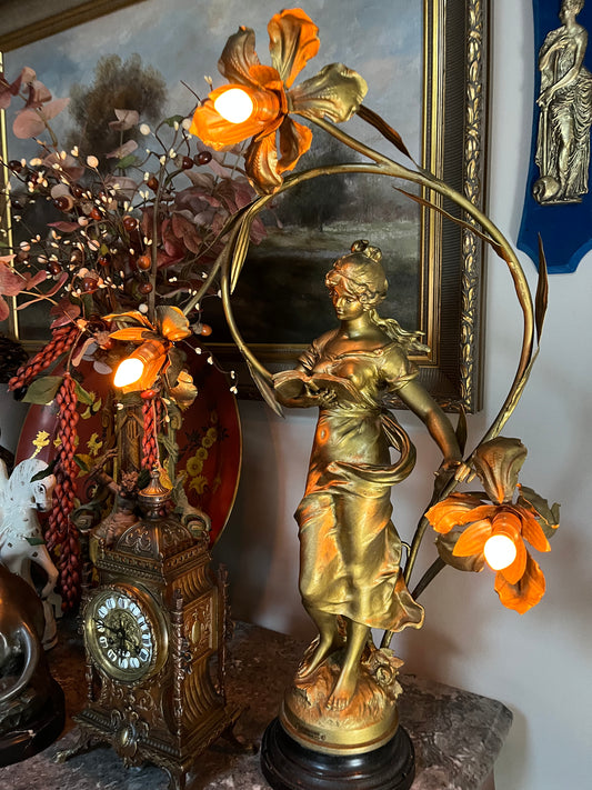 Fabulous Antique French Figural Newel Post Lamp - Figural After “Le Lecture” by Françoise Moreau