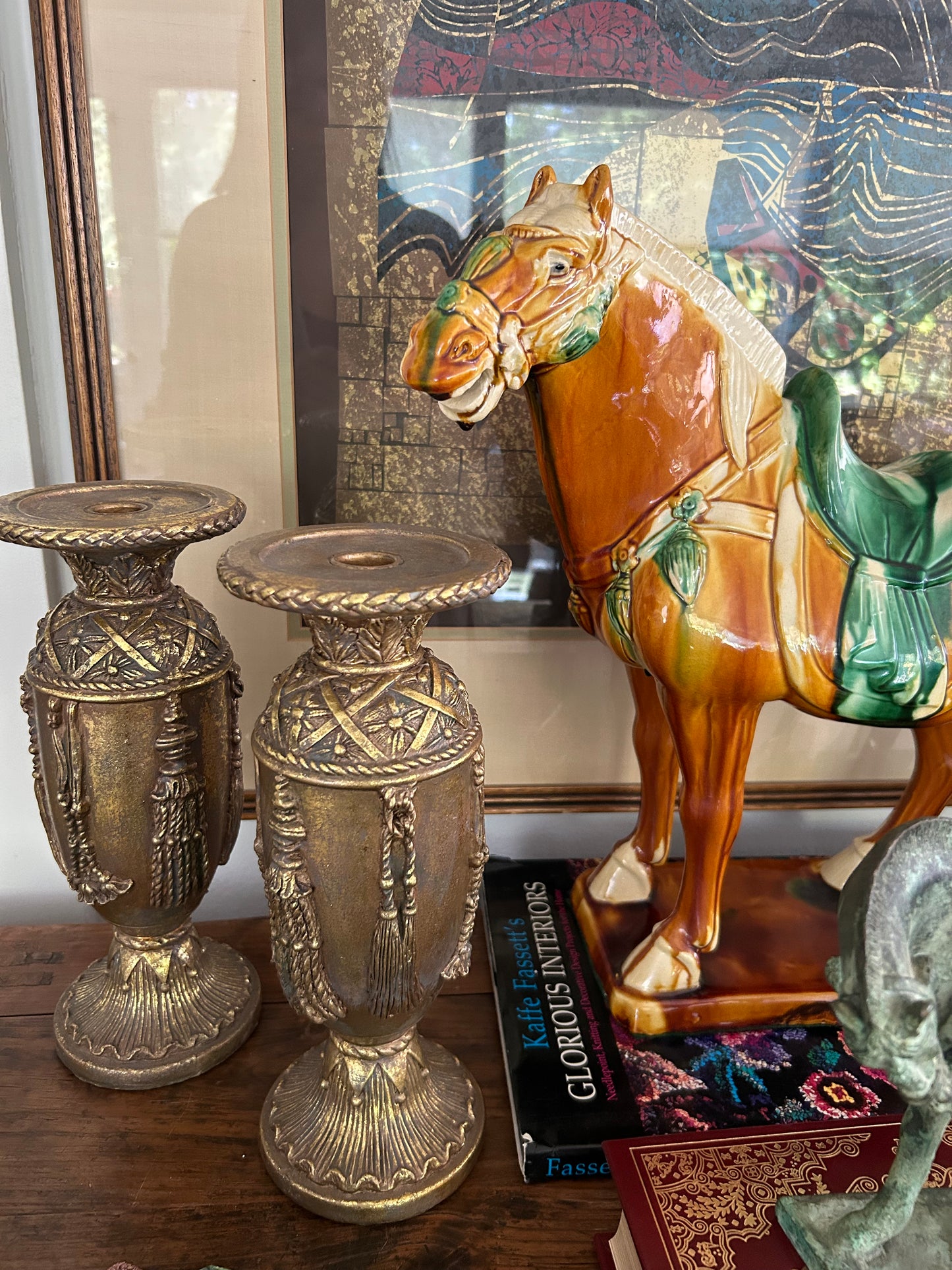 Pair of Gilded Tasseled Stands for Pillar Candles, 11” Tall!