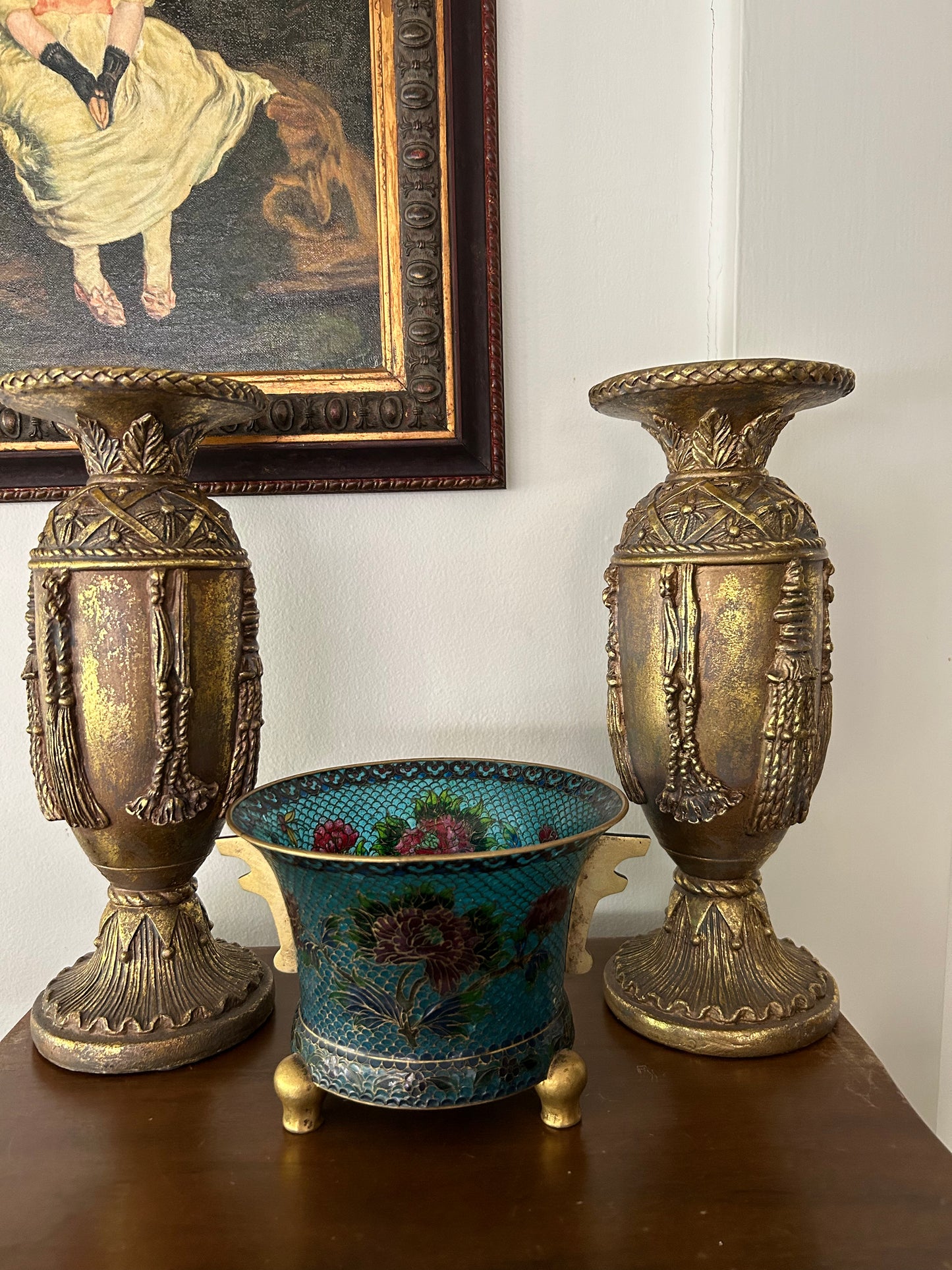 Pair of Gilded Tasseled Stands for Pillar Candles, 11” Tall!