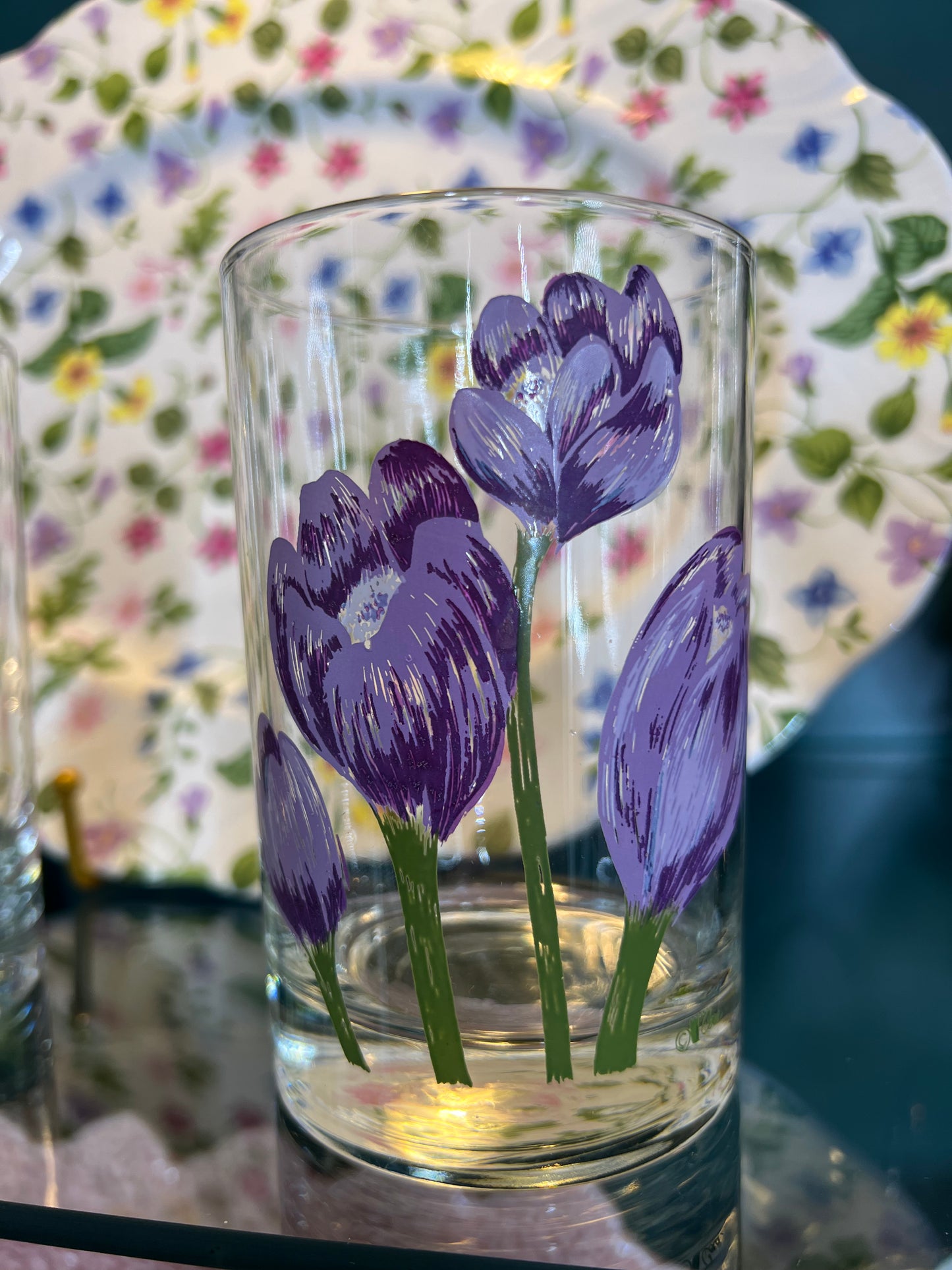 Vintage Set of 5 Cera Double Old Fashioned Purple Tulip Glasses