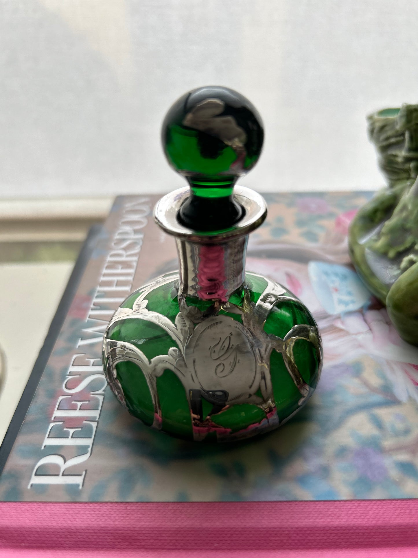 Antique Silver Overlay on Green Glass Perfume Bottle