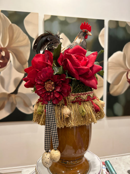 Autumn Colors Rooster Centerpiece with Roses and Astors decor with Tassel Trim