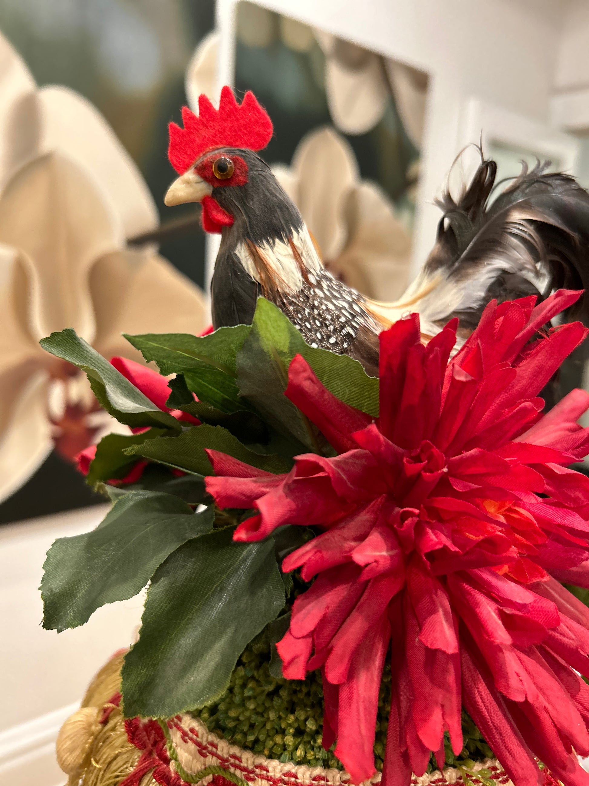 Flower Arrangements and Rooster Accents Creating Bold, Jazzy Table  Centerpieces
