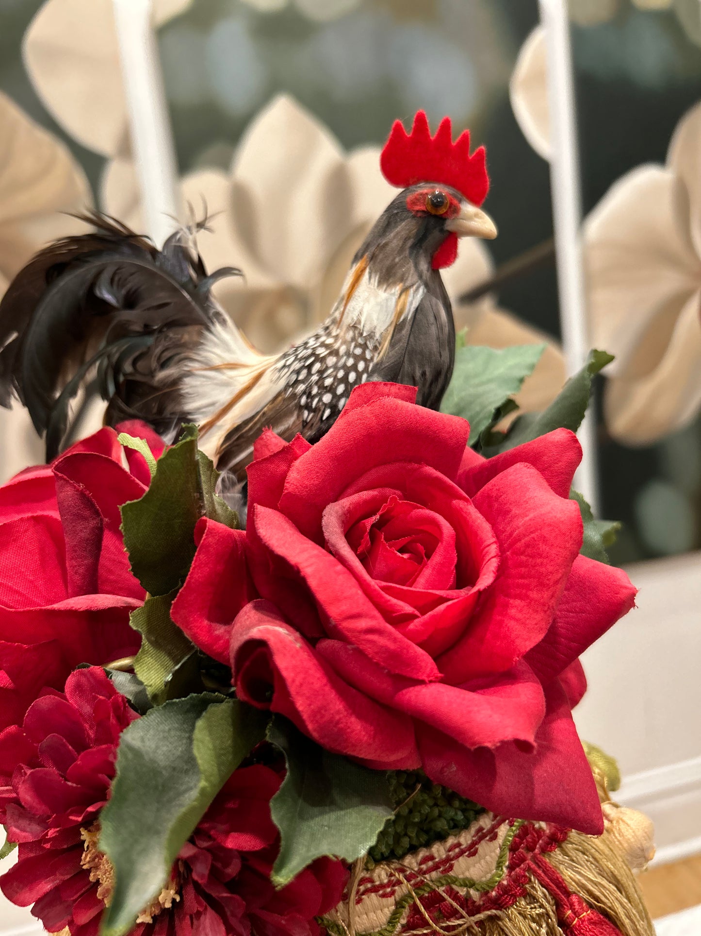 Autumn Colors Rooster Centerpiece with Roses and Astors decor with Tassel Trim