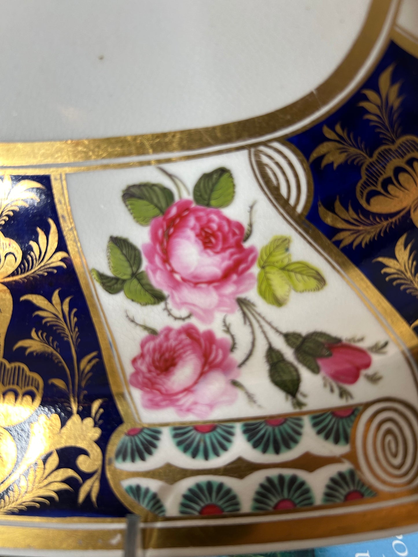 (Copy) Antique Bloor Derby Platter with Cobalt and Gold alternating with stunning Hand Painted Roses!