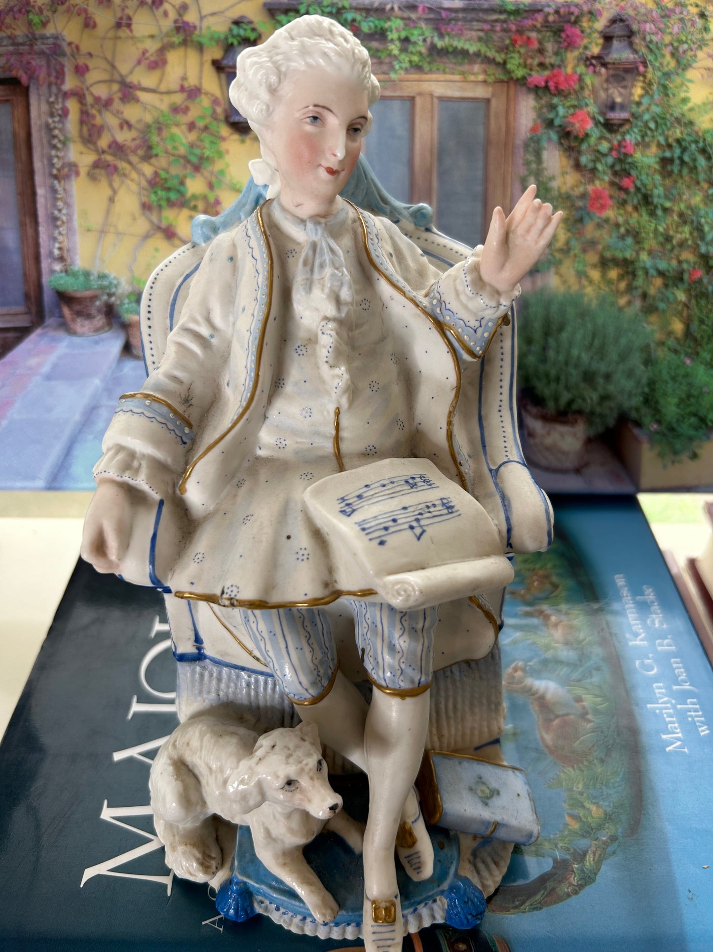 Hand Painted Bisque Tobacco Jar depicting a Musician and his cute pup!