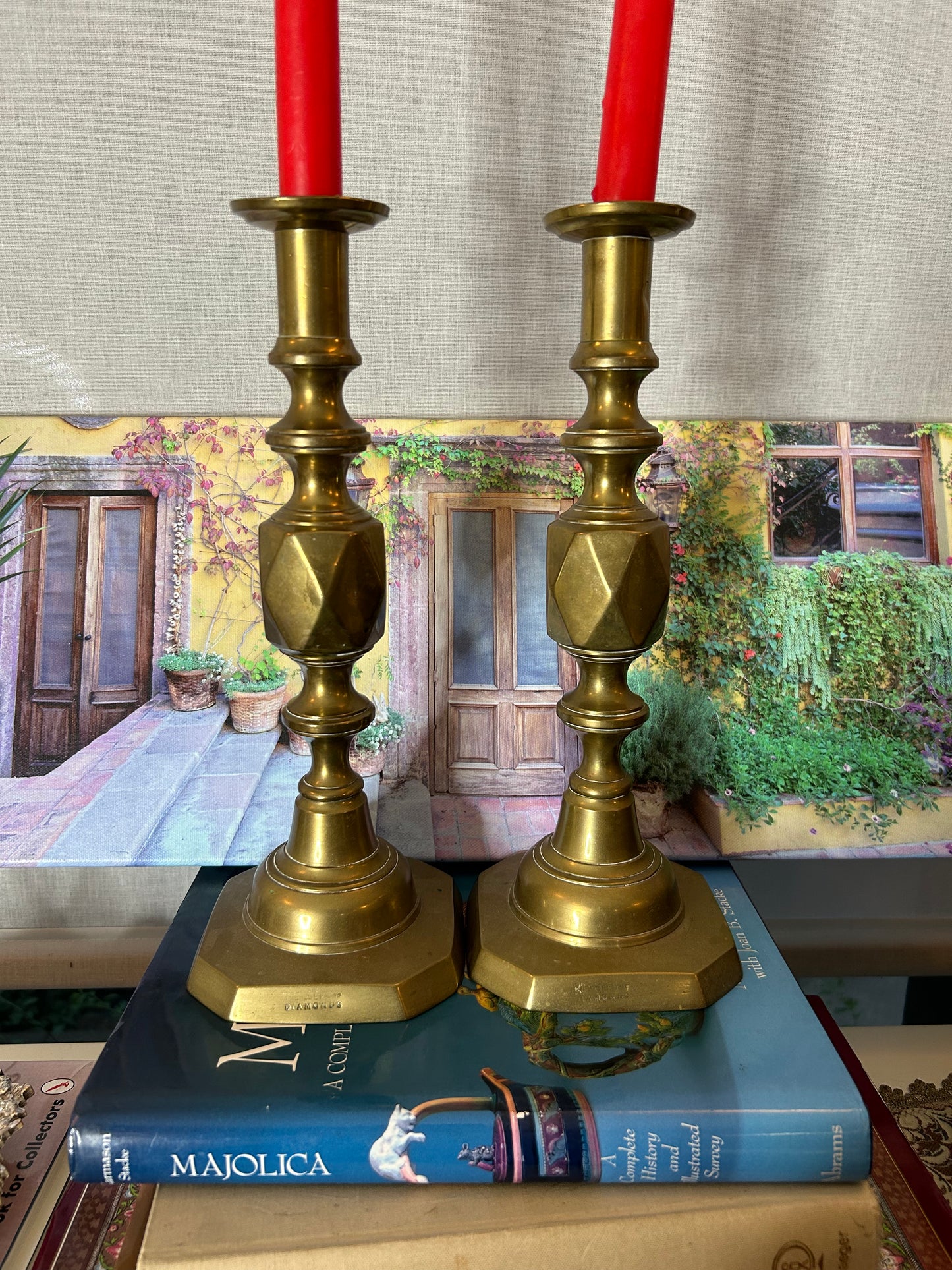 Antique Pair of “Queen of Diamonds” Solid Brass Candlesticks