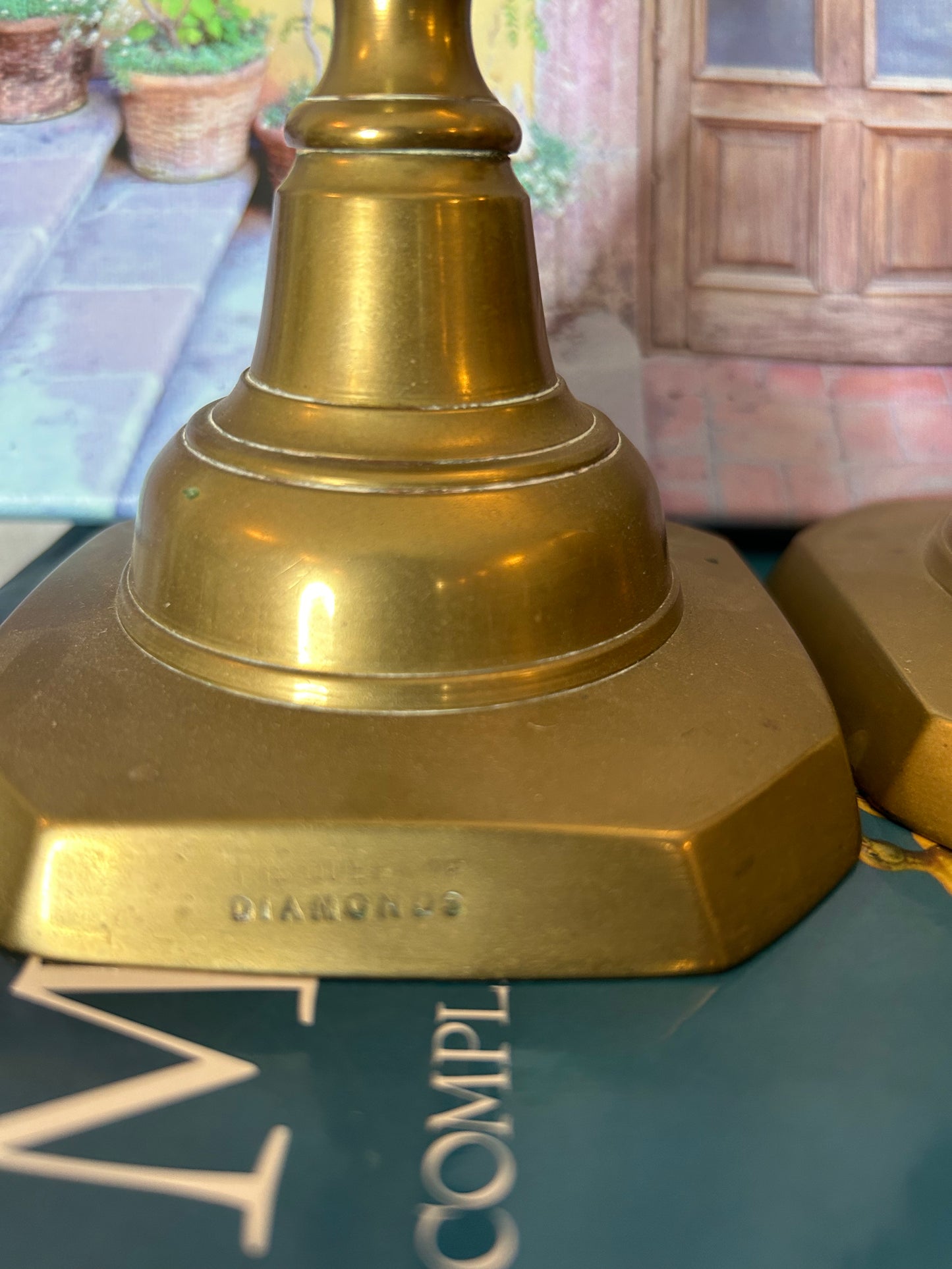 Antique Pair of “Queen of Diamonds” Solid Brass Candlesticks