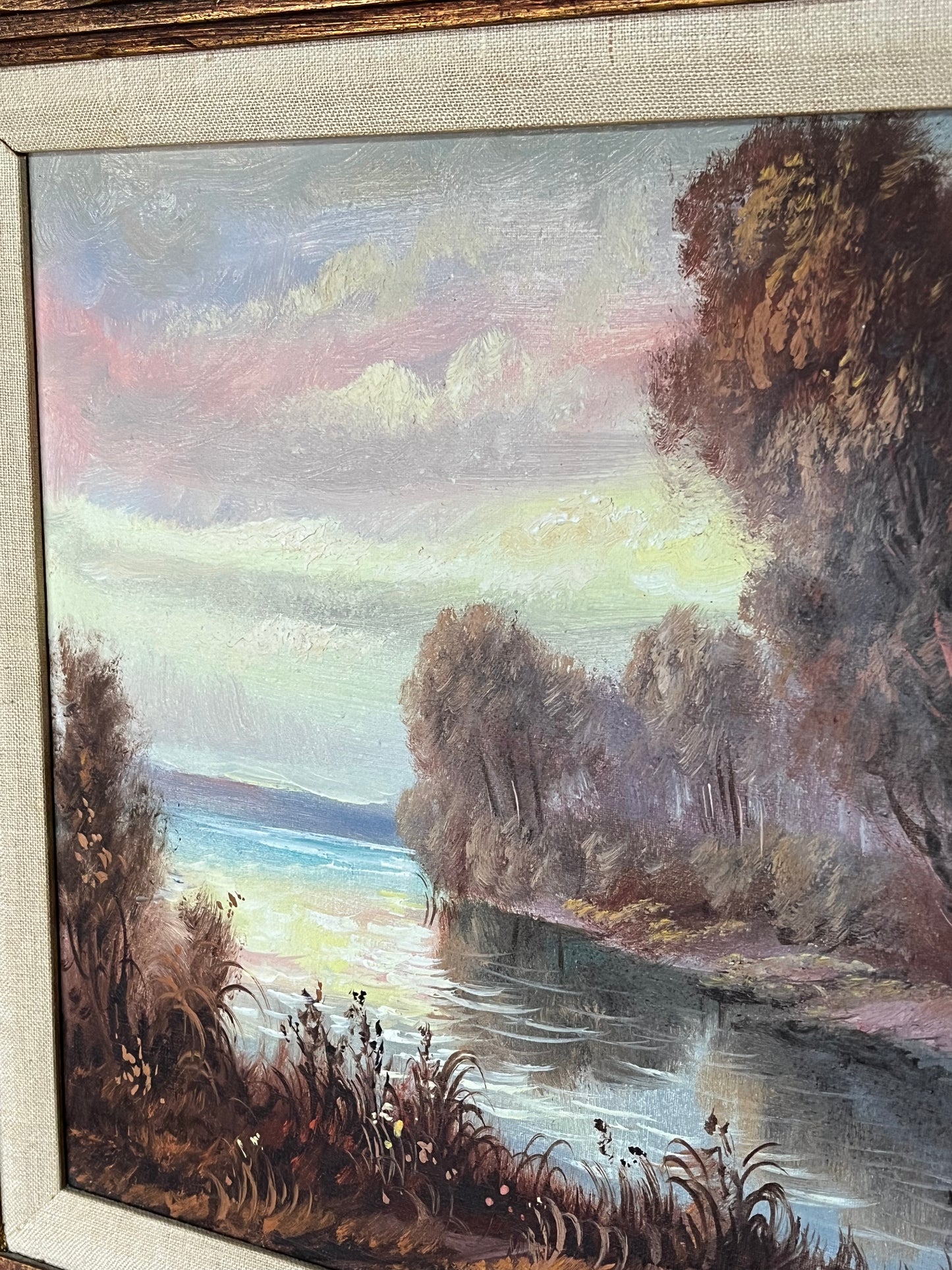 Gorgeous Original Sunset, Lake And Trees Mid Century Signed Oil Painting In Original Wood Frame