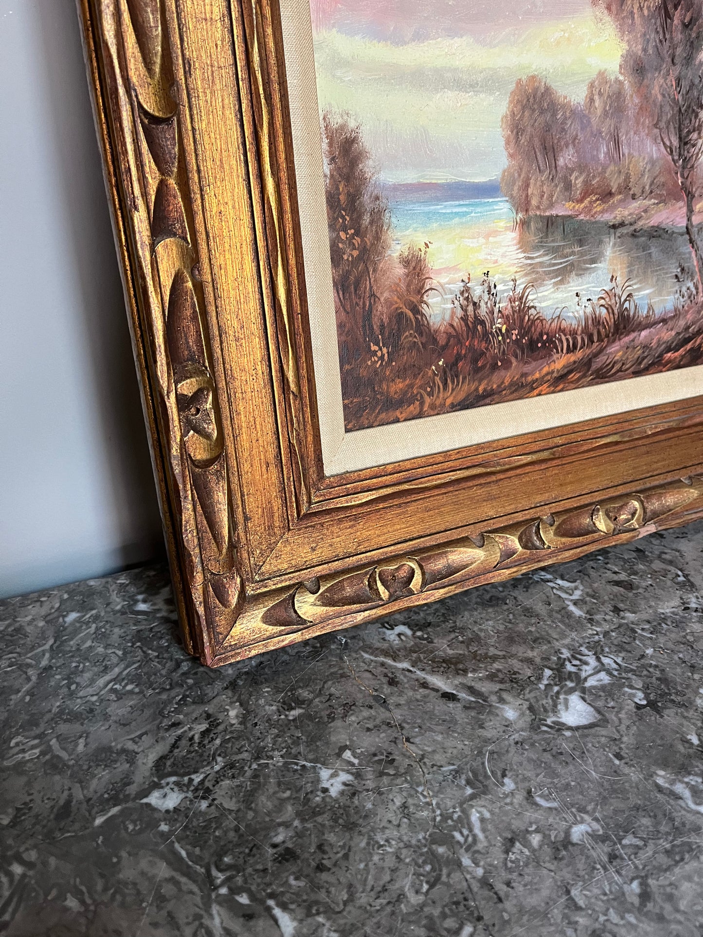 Gorgeous Original Sunset, Lake And Trees Mid Century Signed Oil Painting In Original Wood Frame