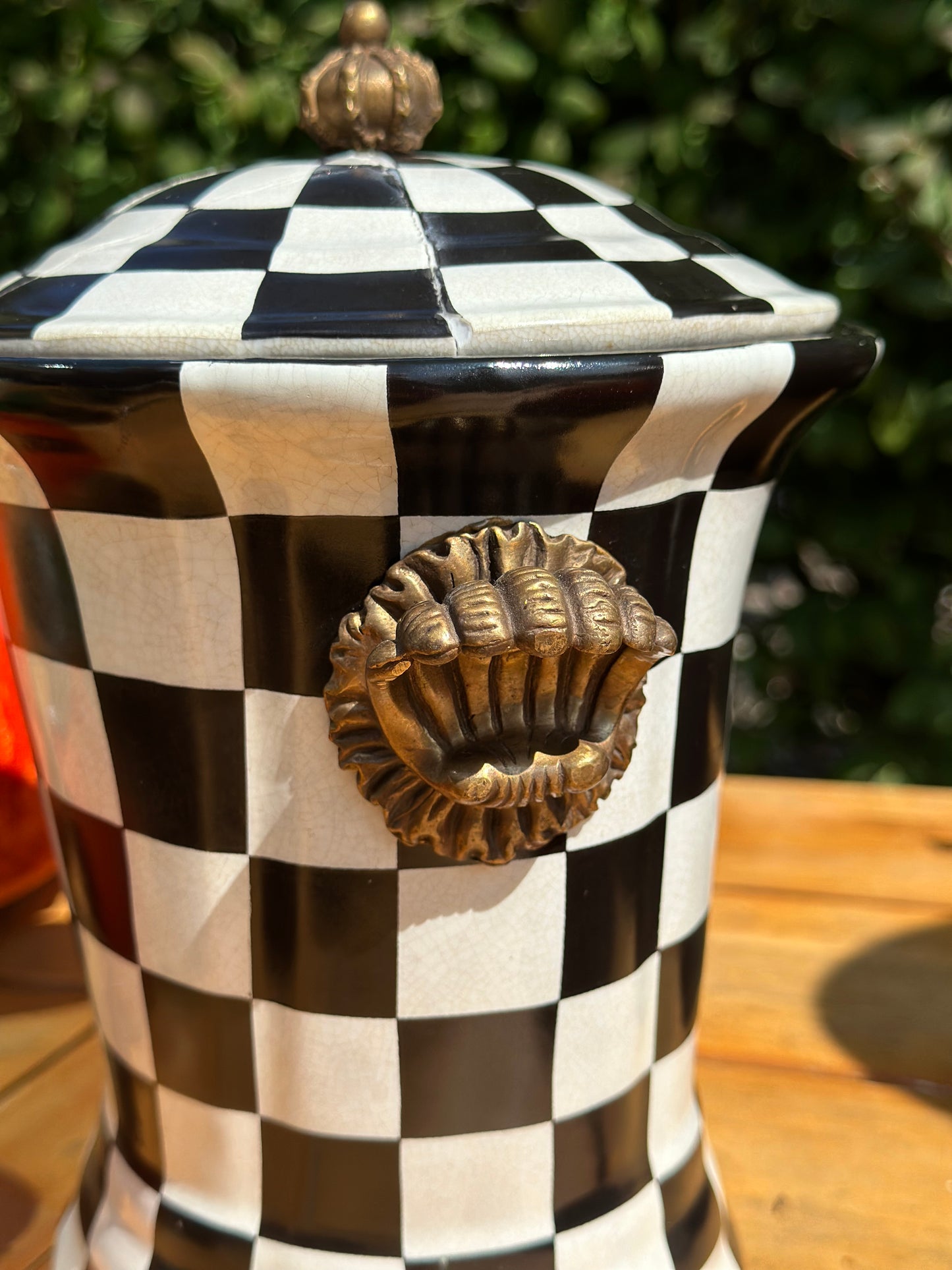 9L X 7W X 10H - Black & Which Check Jar W/ Bronze Lid and Shell Handles,