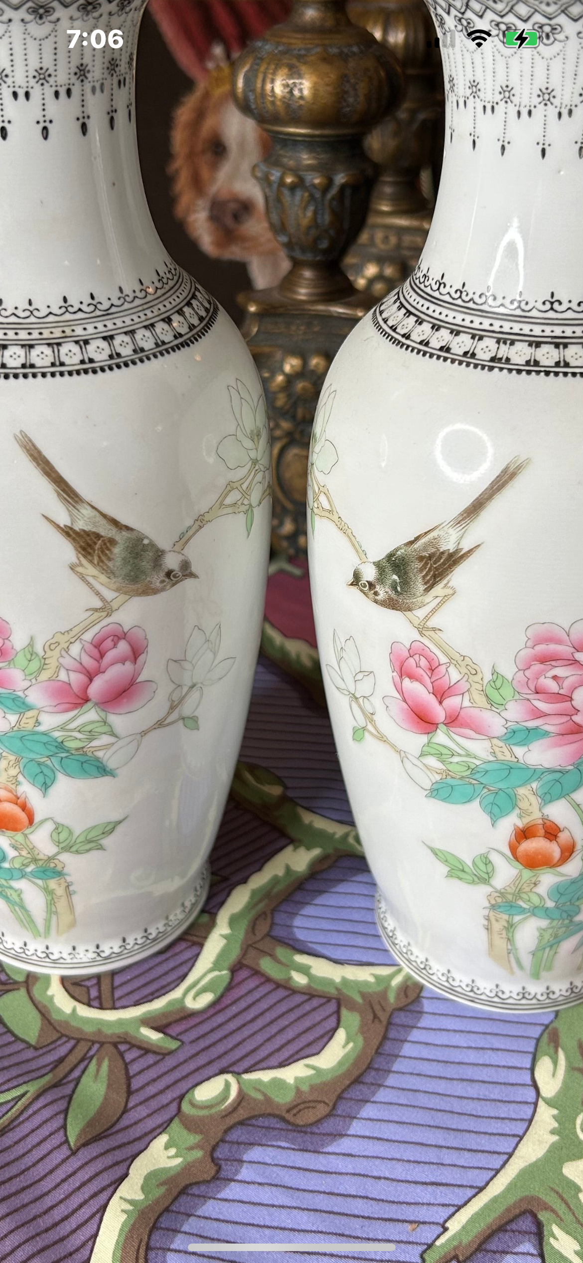 Lovely Pair of Chinese Vases with Hand painted Peony’s and Birds