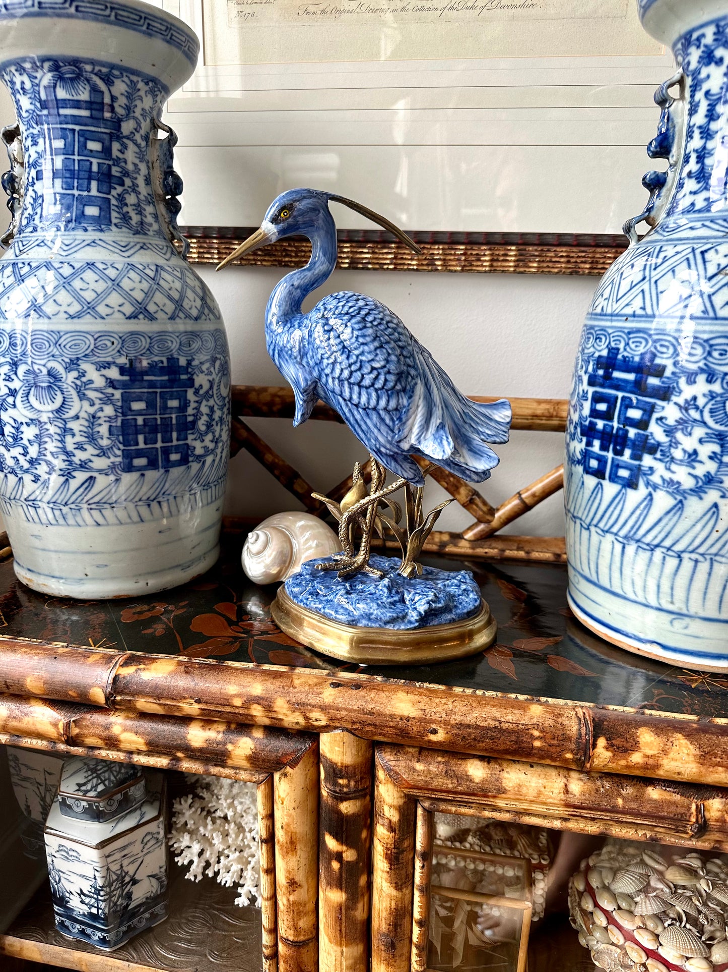 12” Blue & White Porcelain & Bronze Crane/Egret/Heron Bird Figure on base