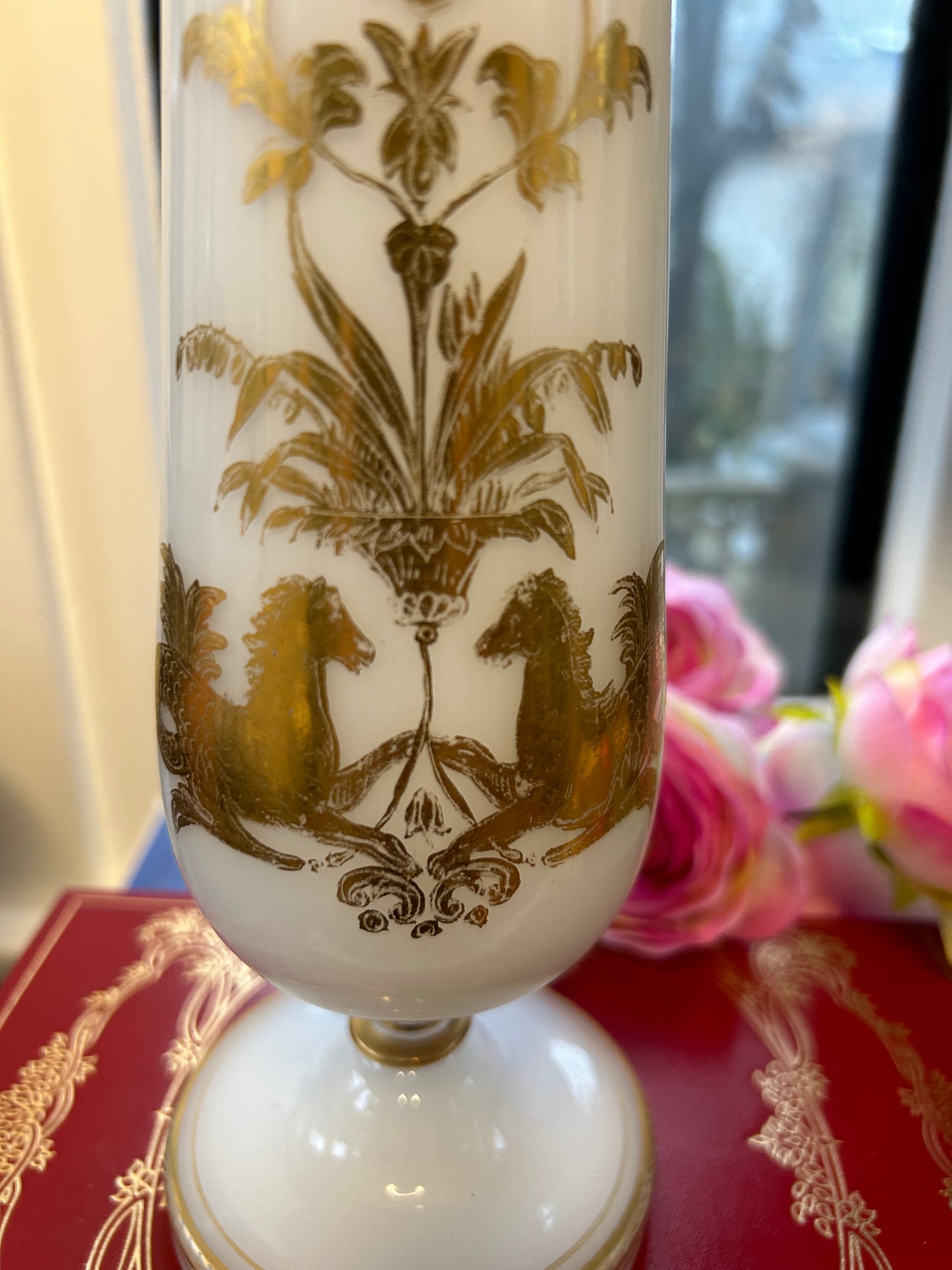 Antique French Opaline Glass Vase with Gilded Seahorses