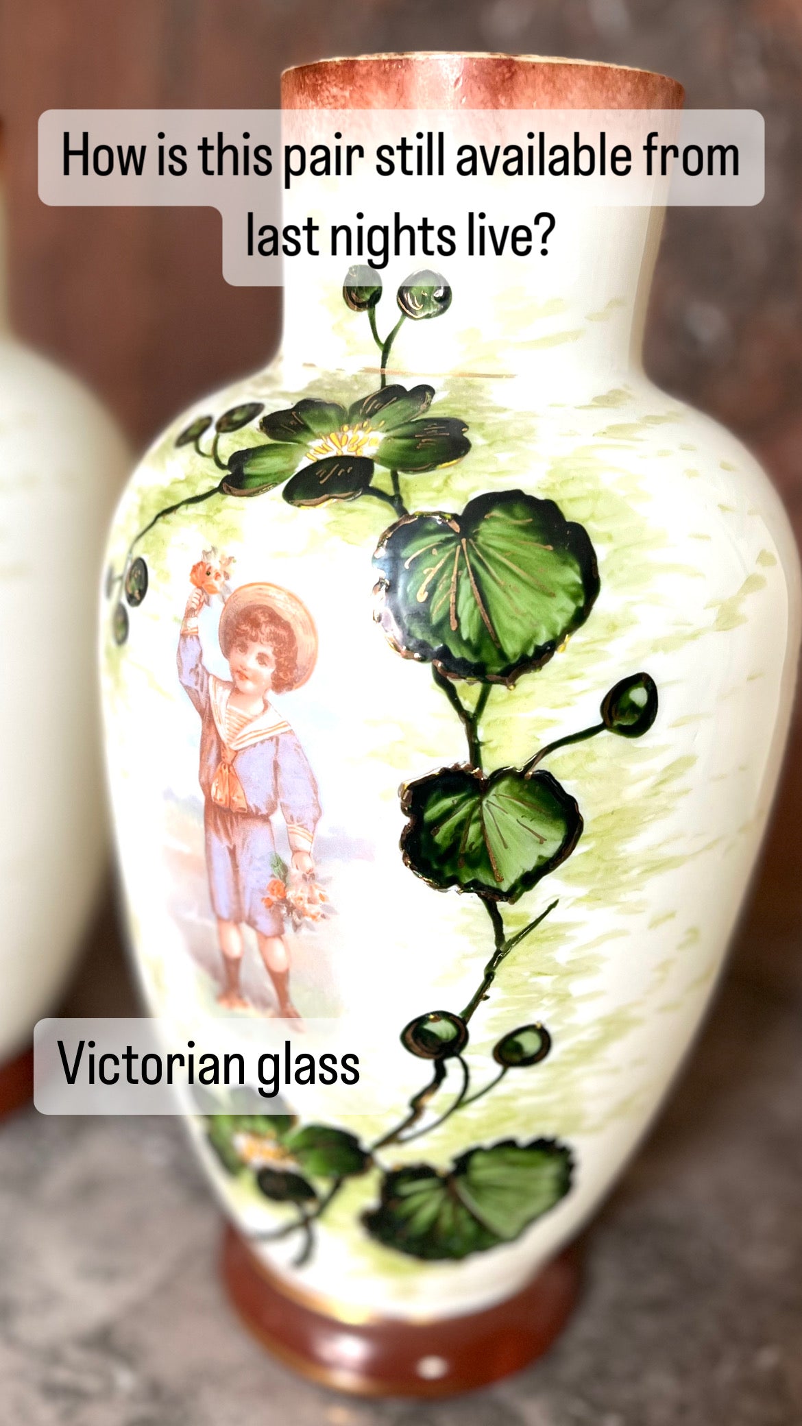 Antique Pair Of Victorian French Hand Blown Glass Vases With Girl And Boy Figural Scenes And Hand Painting