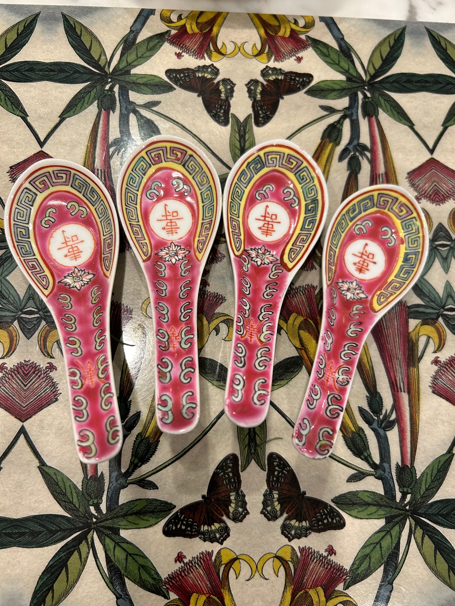 Set of  Four Pink Chinese Porcelain Soup Spoons