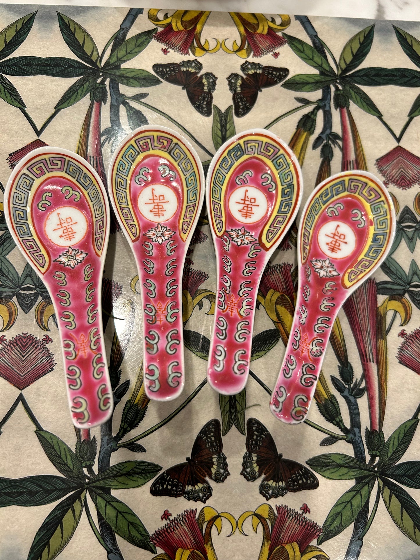 RM 11/1 Set of  Four Pink Chinese Porcelain Soup Spoons