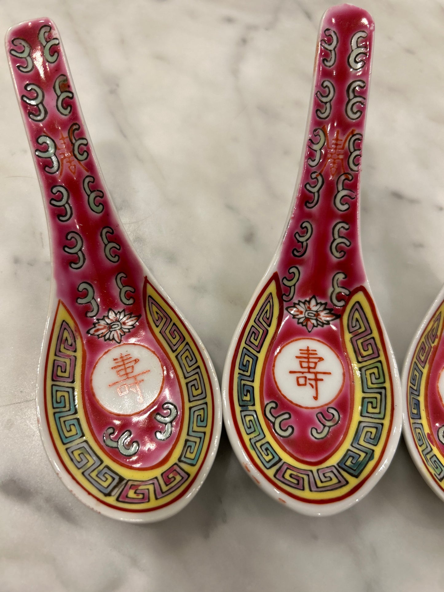 Set of  Four Pink Chinese Porcelain Soup Spoons