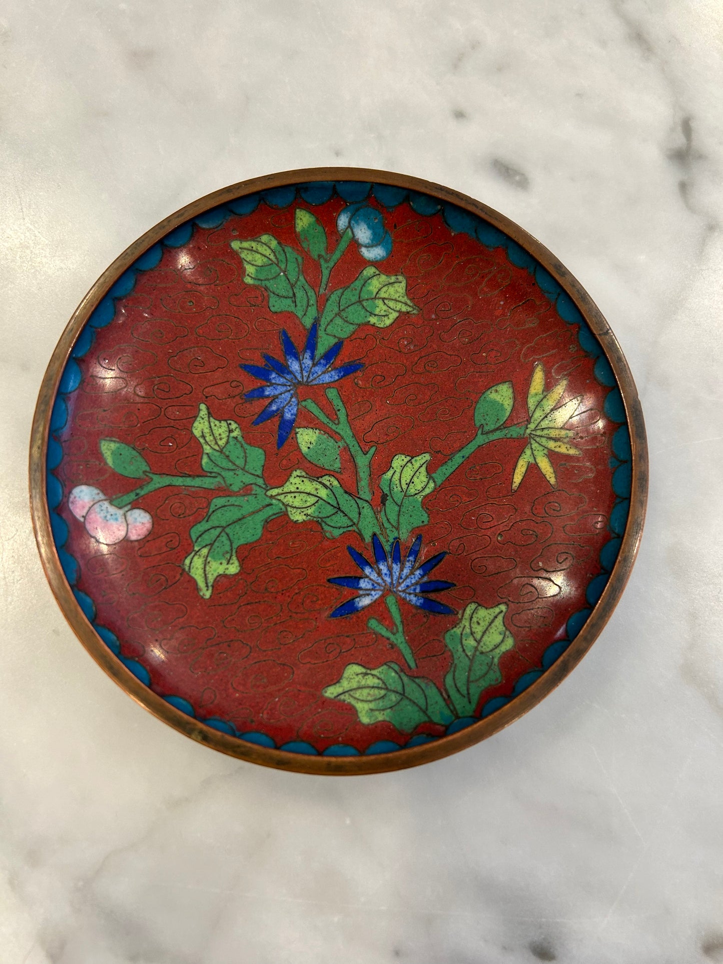 Vintage Chinese Cloisonné 3” Dish with Red Background