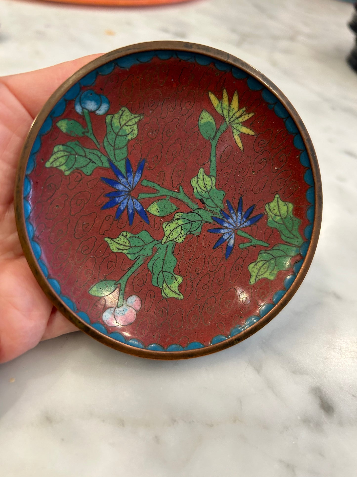 Vintage Chinese Cloisonné 3” Dish with Red Background