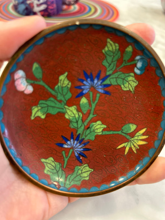 Vintage Chinese Cloisonné 3” Dish with Red Background