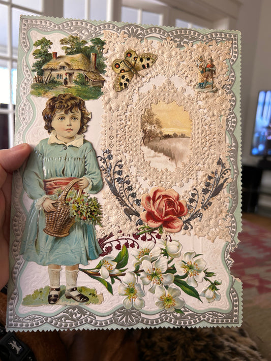 Very Large Vintage Valentine with Thatched roof, Butterflies, and a Rose! 7 by 10”!!