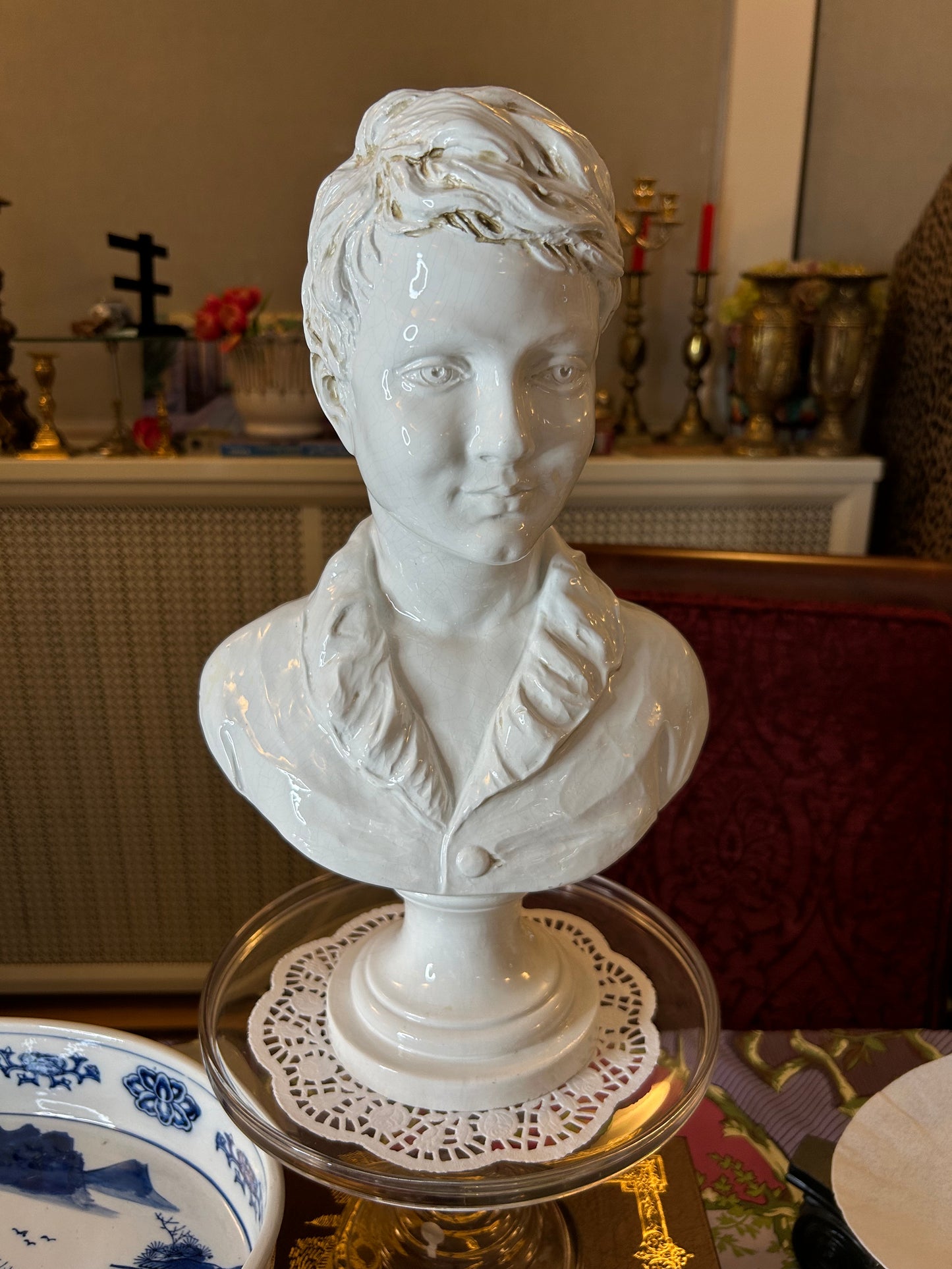 Gorgeous White Glazed Bust of a Young Man! Made in Ital 15 1/2” Tall