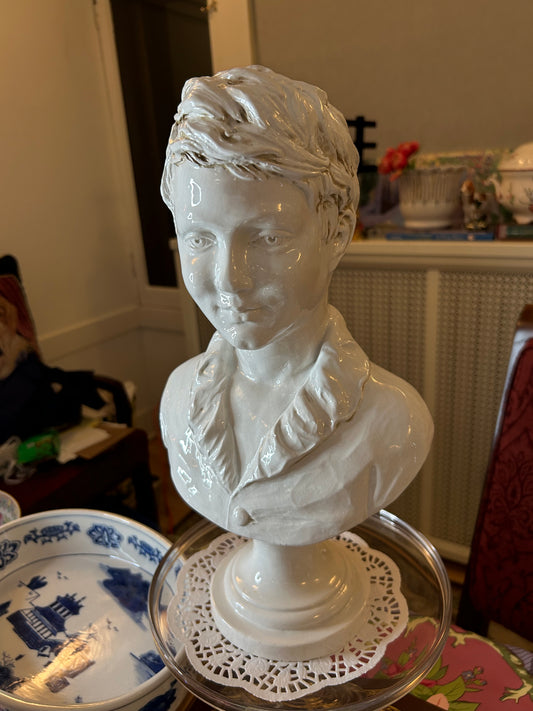 Gorgeous White Glazed Bust of a Young Man! Made in Ital 15 1/2” Tall